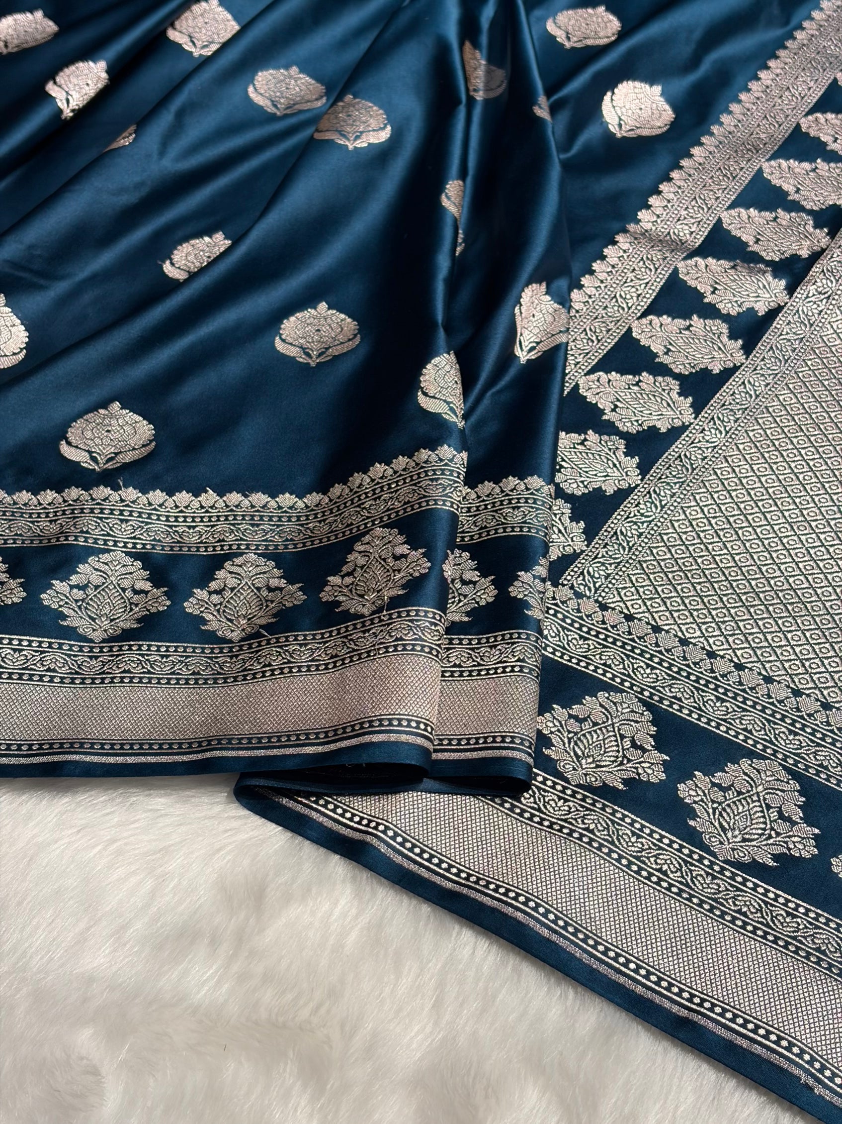 German Blue Boota Motif Mashru Silk Saree MS43
