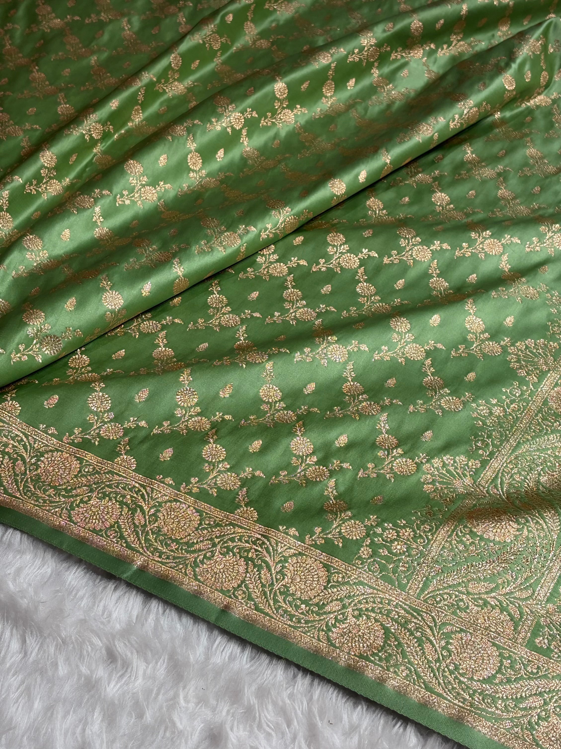 Banarasi Satin Katan Saree Jaal Pattern In Pista Shades SK133