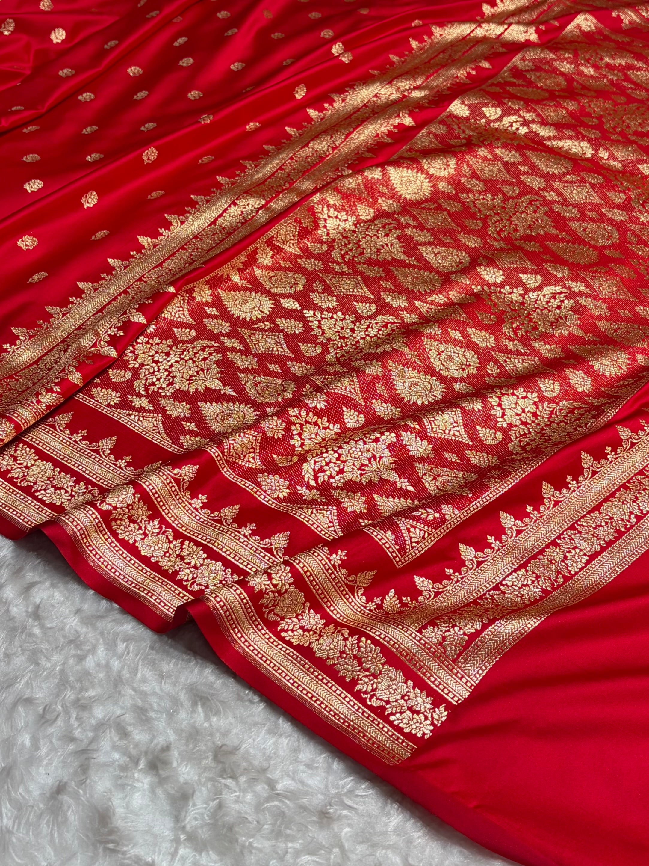 Red Floral Pattern Satin Katan Silk Saree SK76
