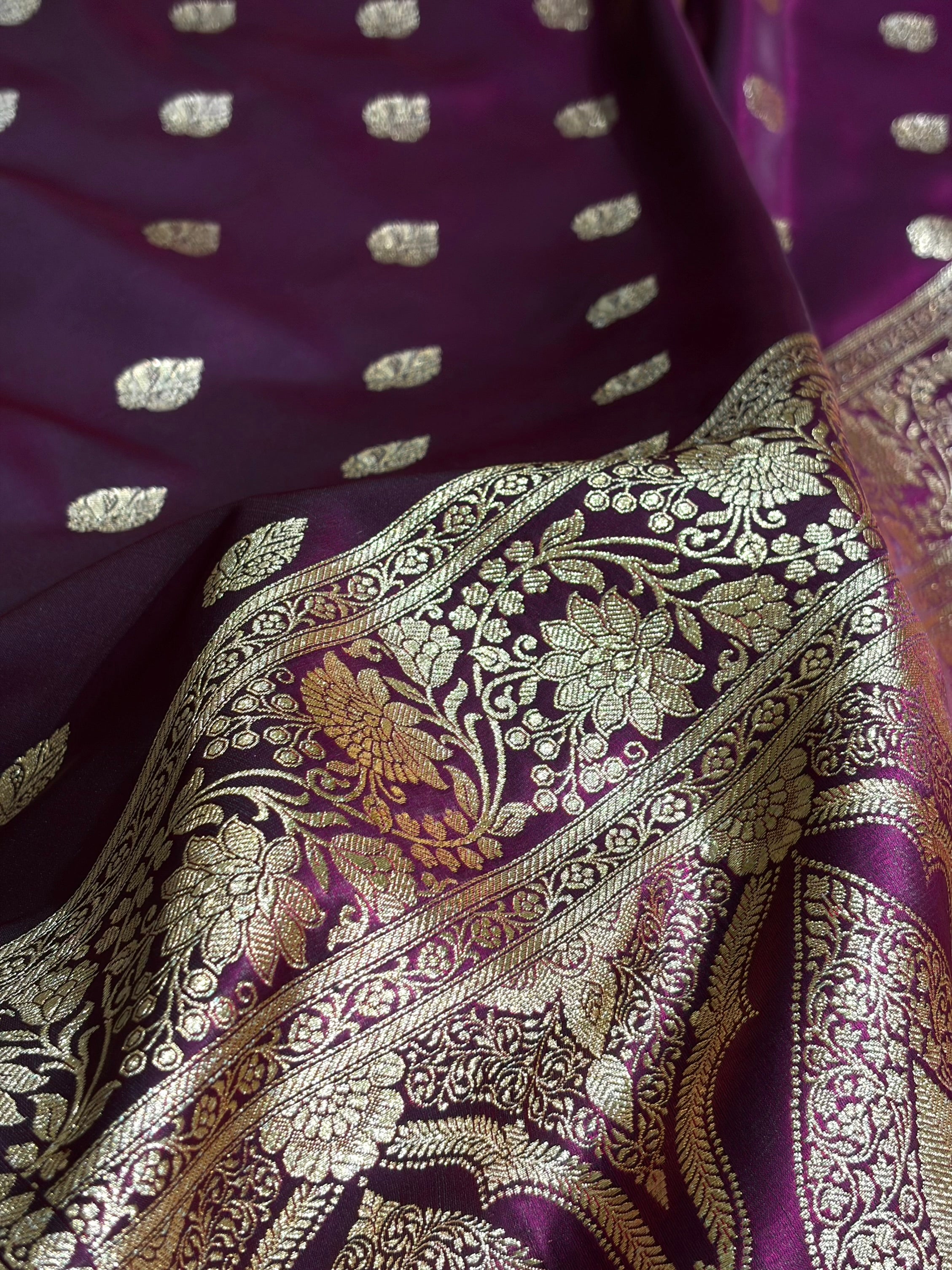 Wine Shades Booti Pattern Banarasi Satin Silk Saree SS58