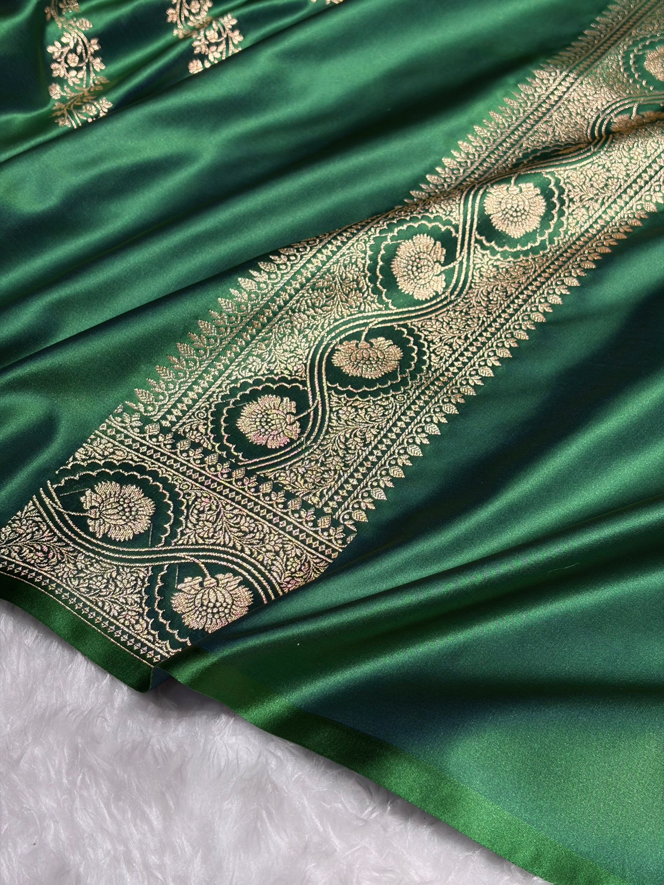 Cross Green Floral Cross Pattern Satin Katan Silk Saree SK74