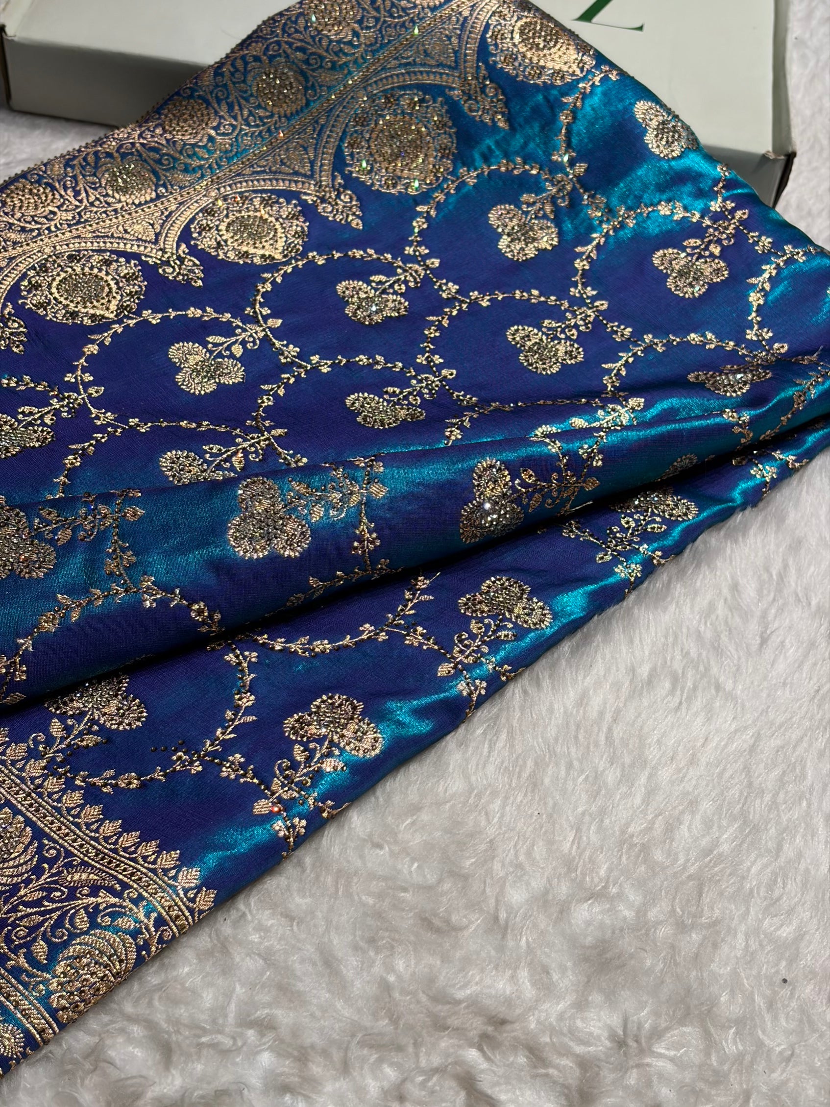 Satin Silk Saree Swarovski Work Jaal in Peacock Blue Shades BSS23 (R)