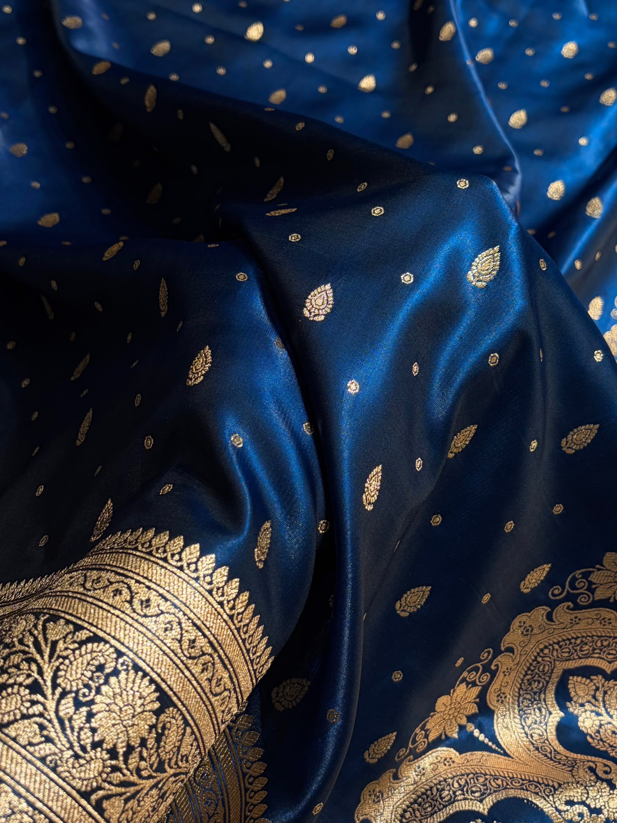 Banarasi German Blue Shades Booti Pattern Banarasi Satin Silk Saree SS64