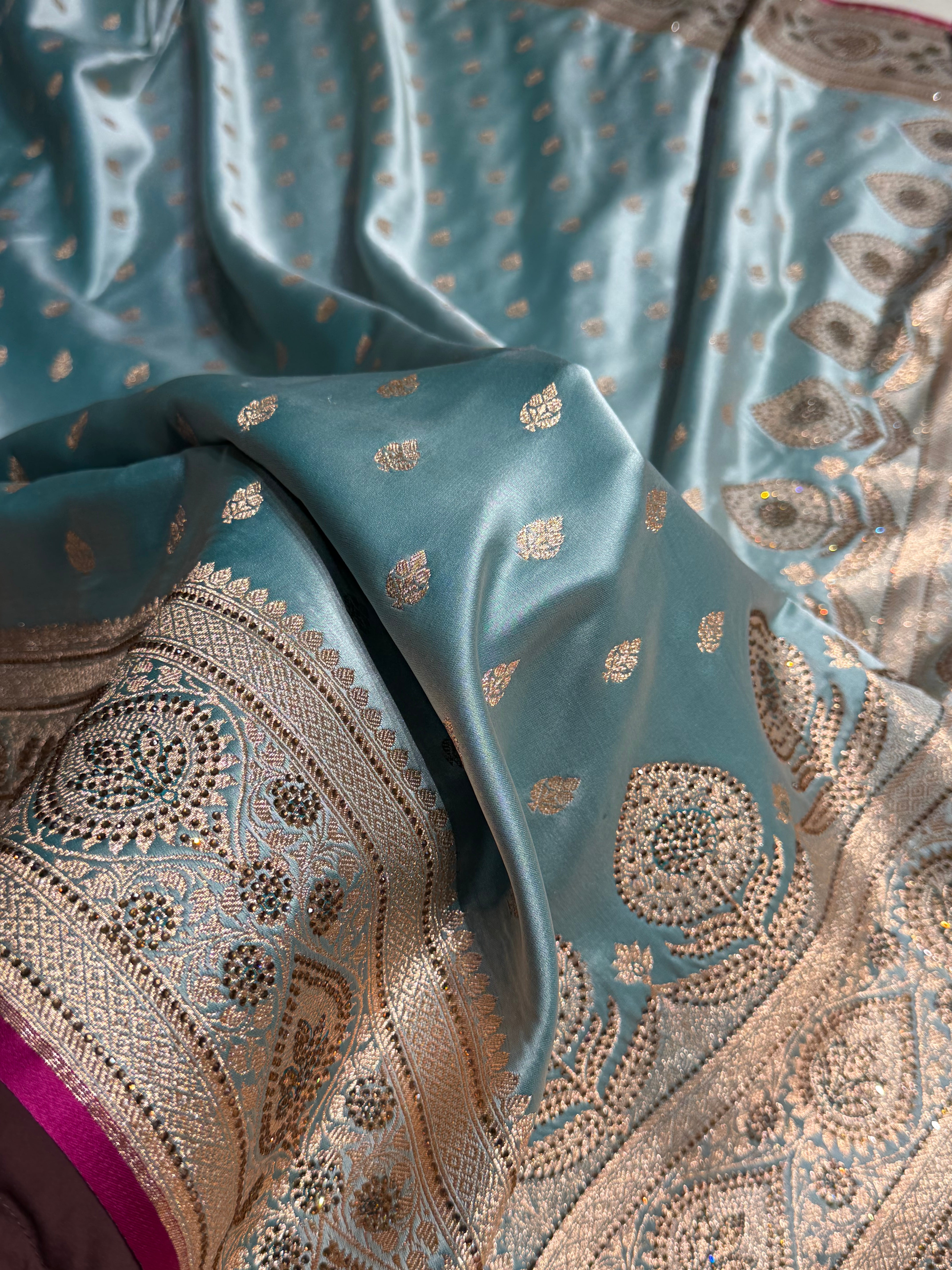 Turquoise Swarovski Work Booti Satin Katan Silk Saree BSK10 (W)