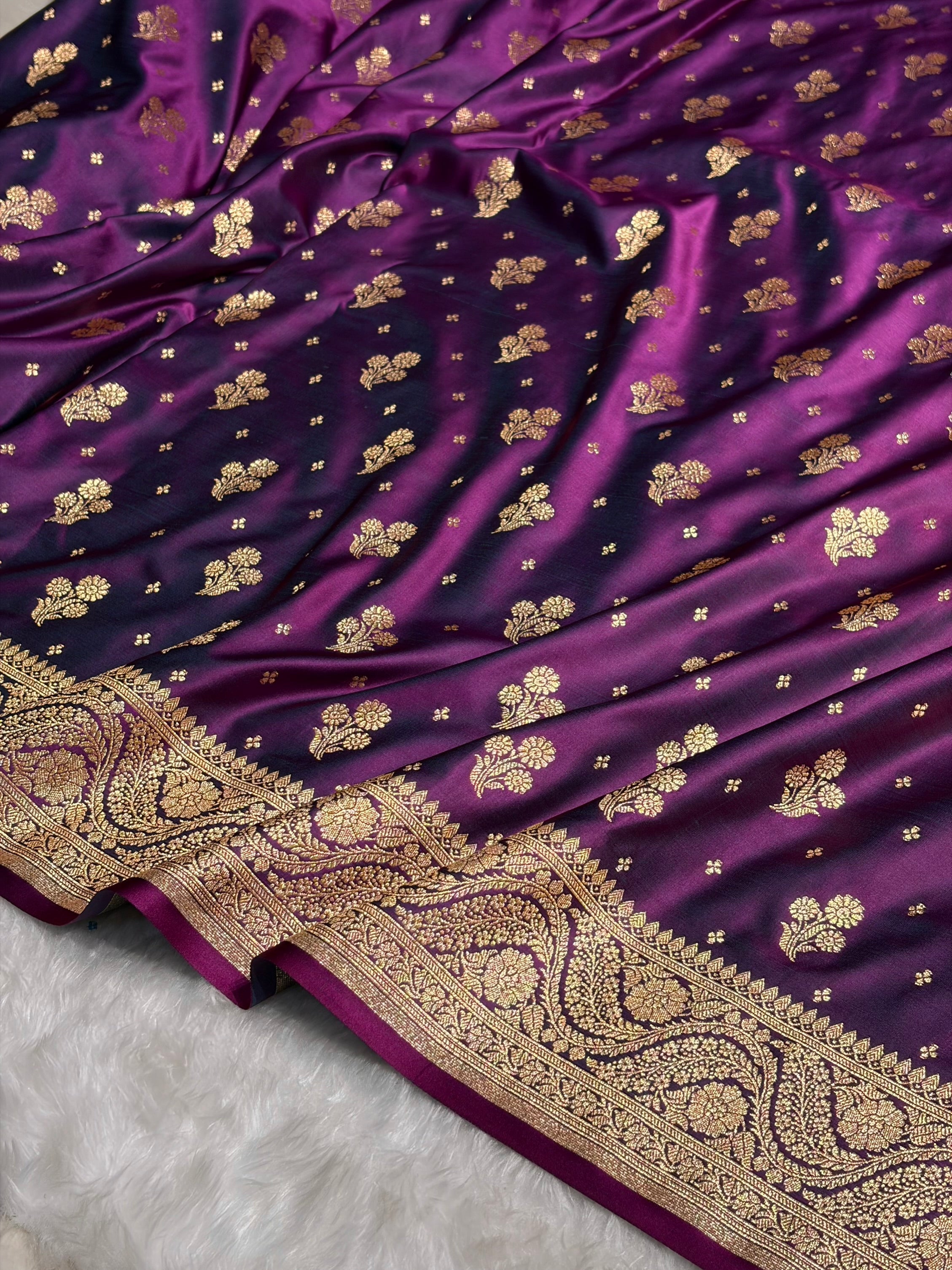 Wine Floral Unique Boota Pattern Satin Katan Silk Saree SK73