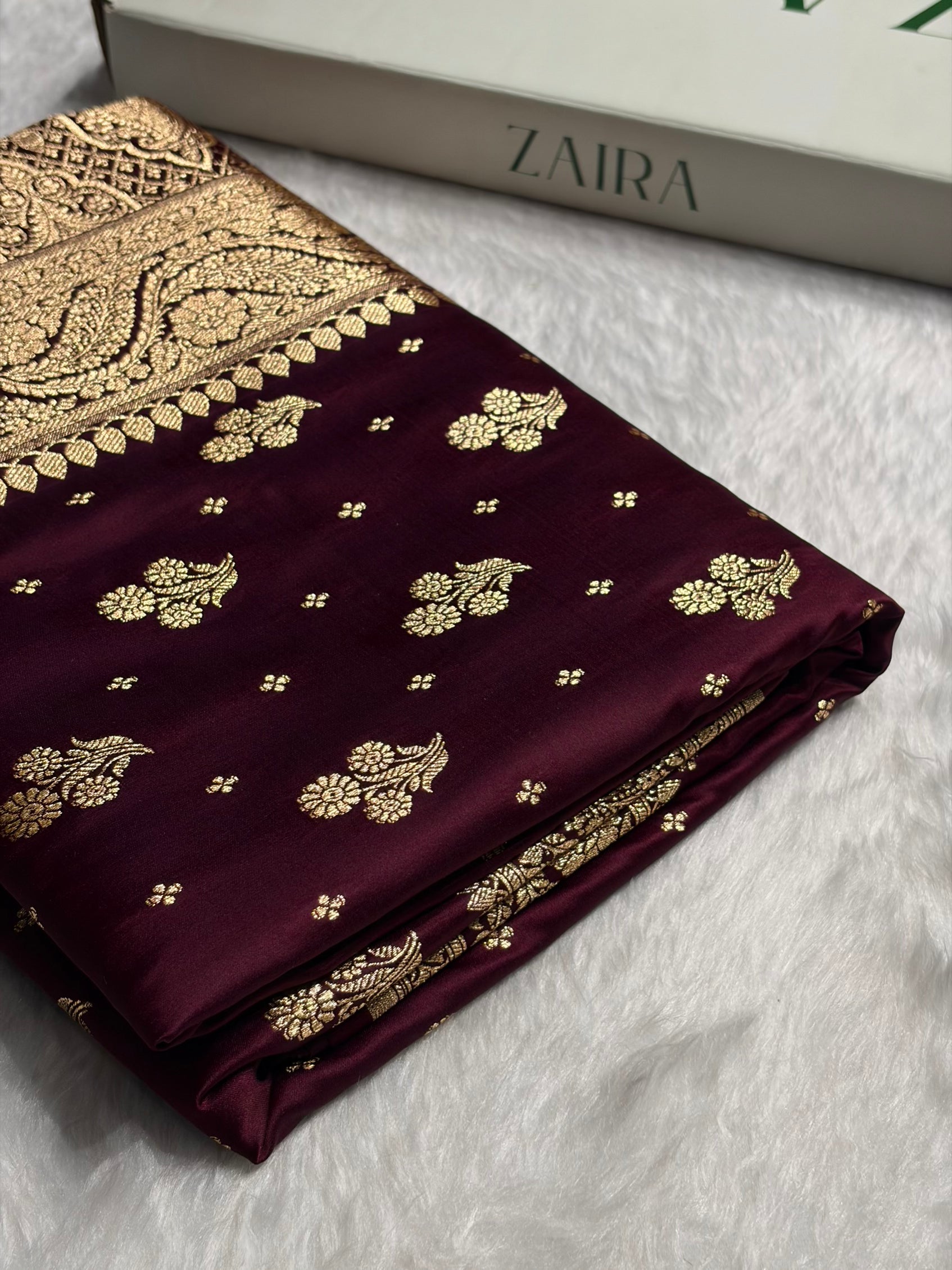 Garnet Floral Unique Boota Pattern Satin Katan Silk Saree SK73