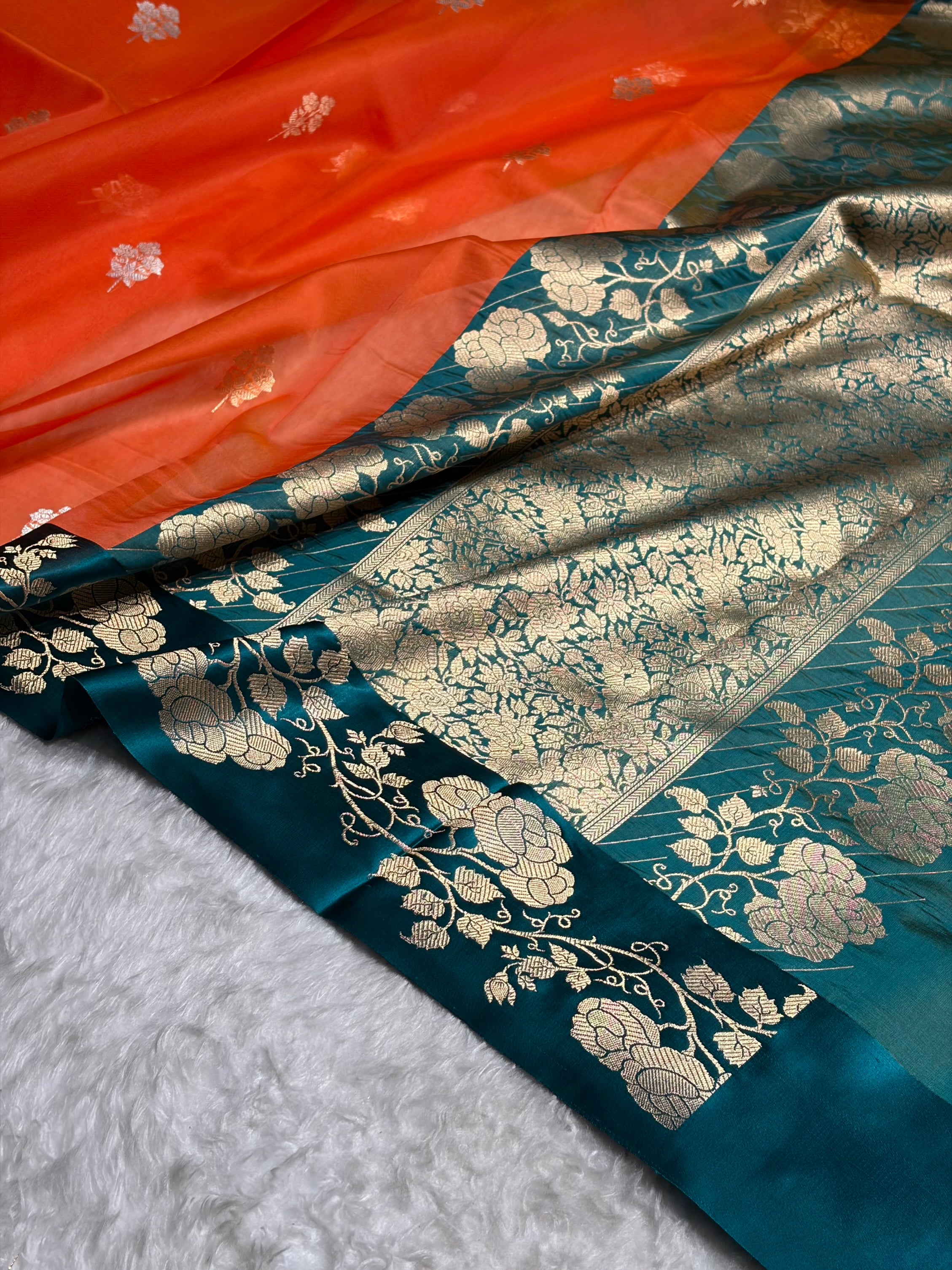 Contrast Pure Banarasi Organza Orange With Rama Floral Banarasi Silk Saree PO-13