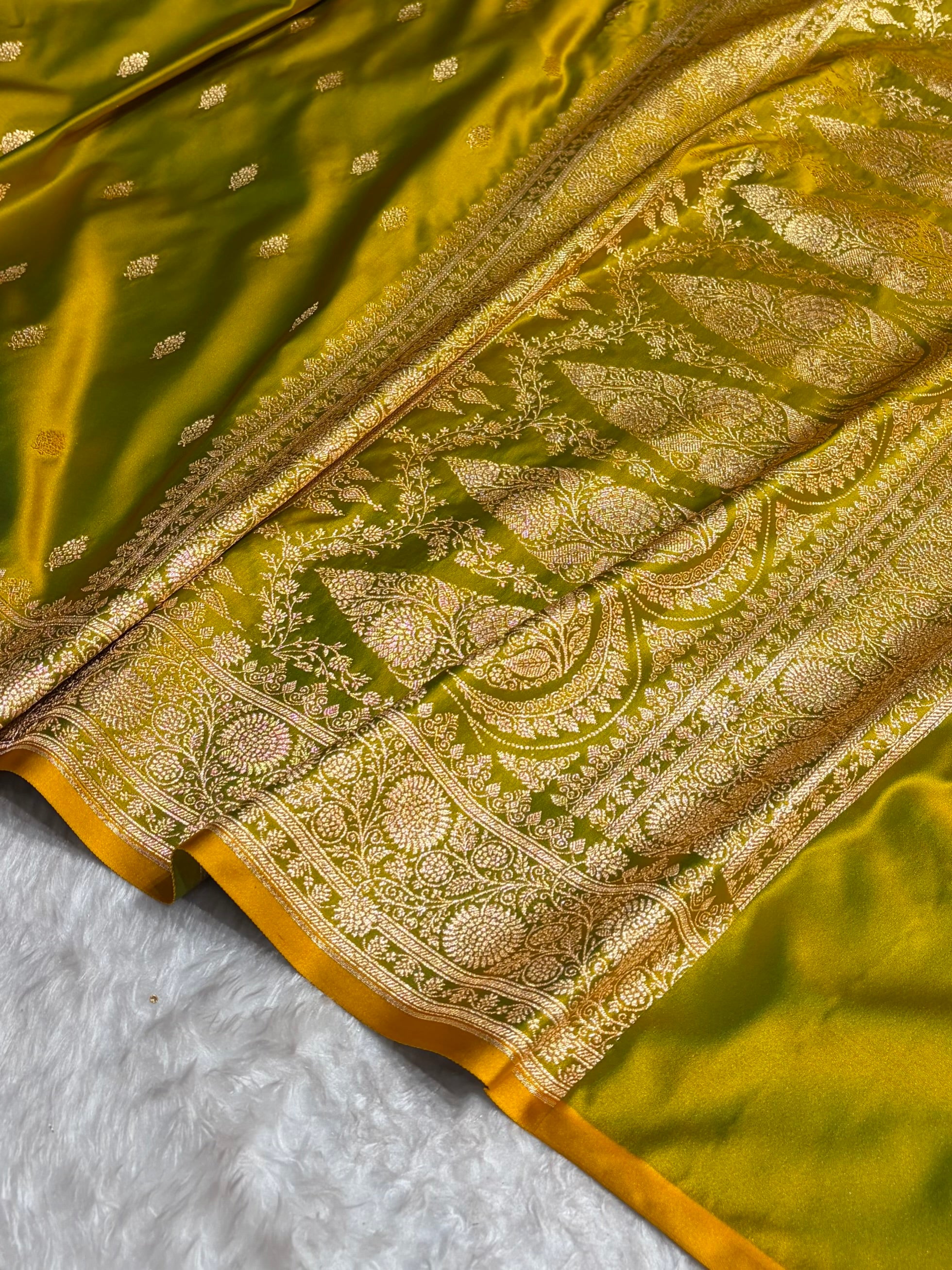 Banarasi Satin Katan Saree in Liril Mehendi Shades SK82