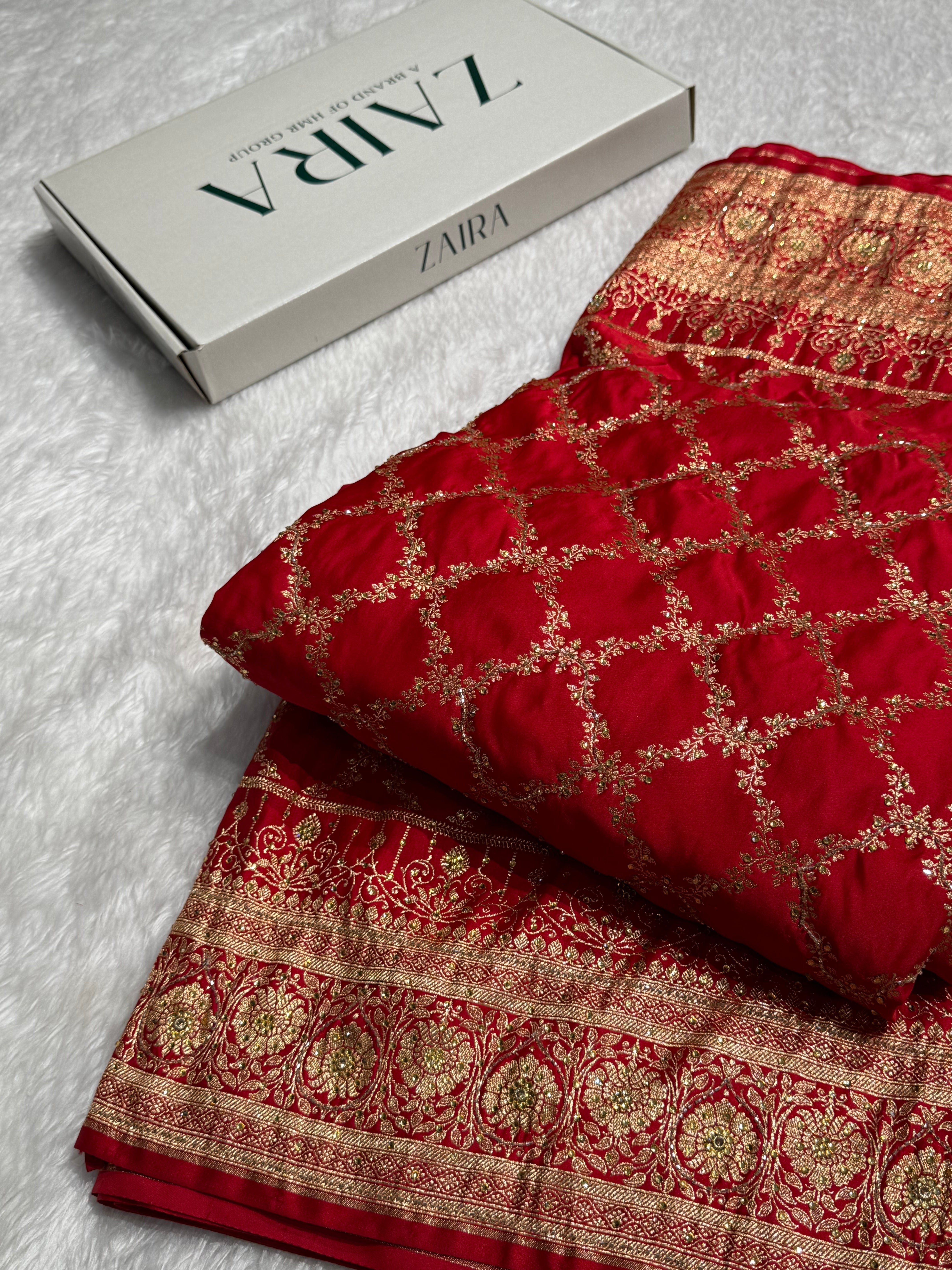 Bridal Red Katan Silk with Ari and Stone
