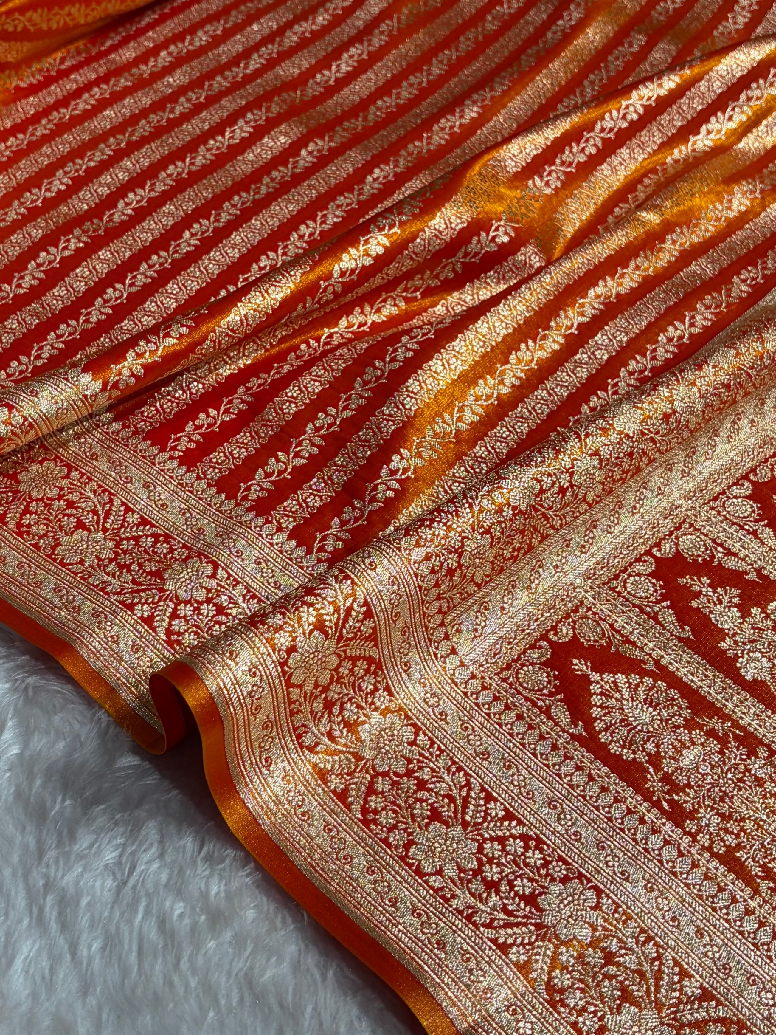 Fire Gold Shades Stripe Pattern Banarasi Satin Silk Saree SS46