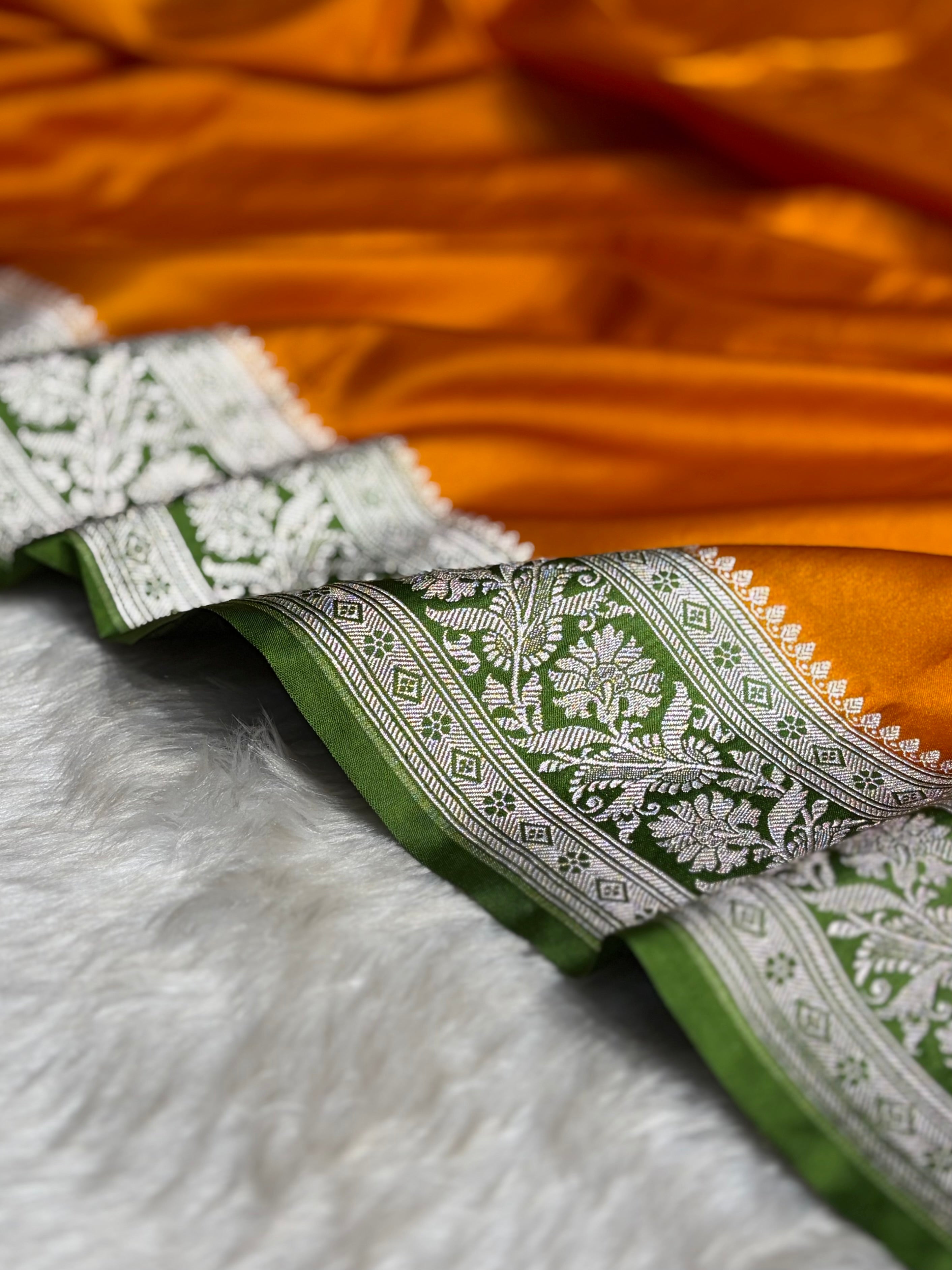 Contrast Orange with Green Border Plain Mashru Silk Saree MS22