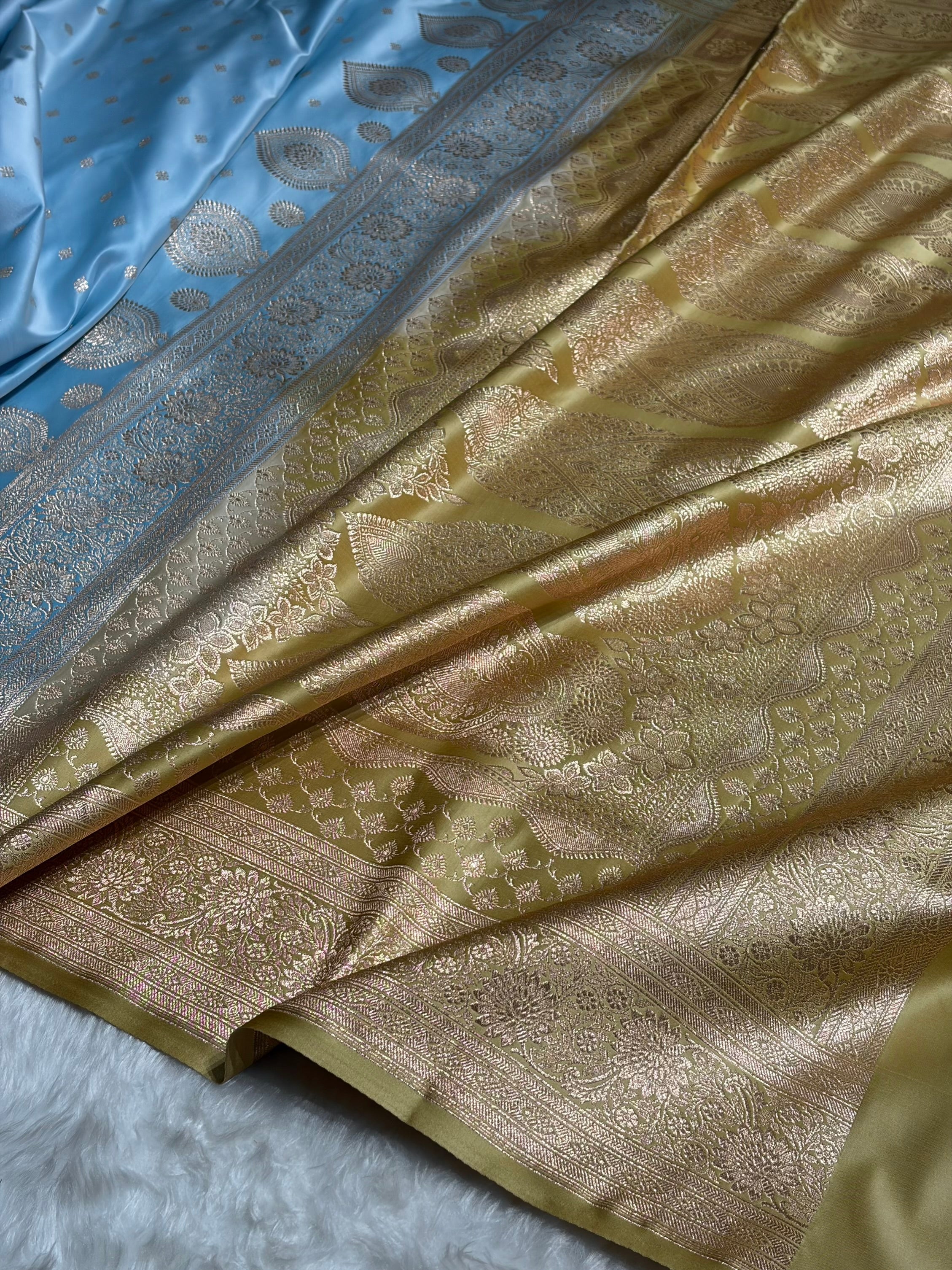 Sky Blue with Pista Booti Satin Katan Silk saree SK29