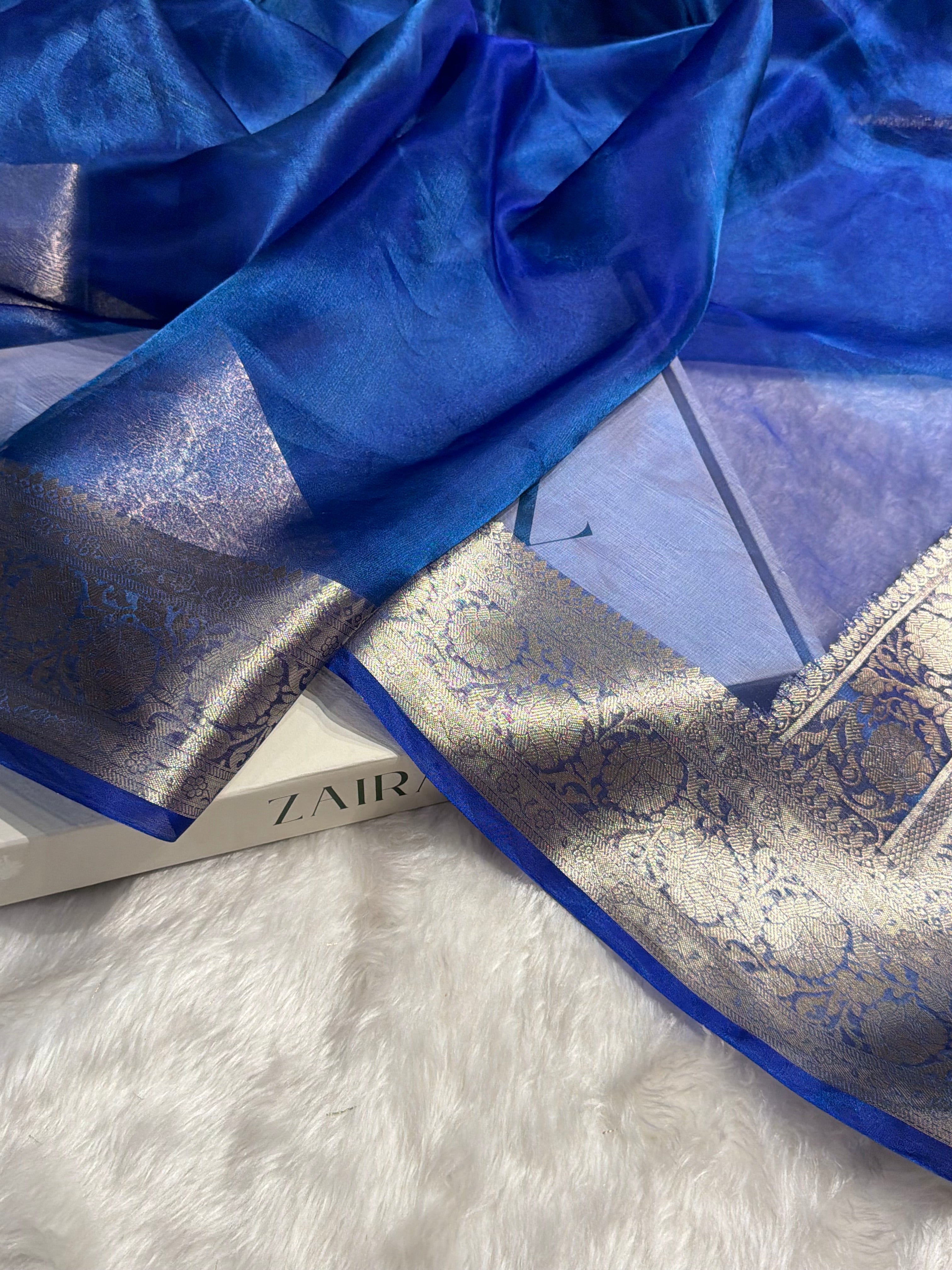 Royal Blue Shades Pure Tissue Silk Saree with Brocade Blouse PT-18
