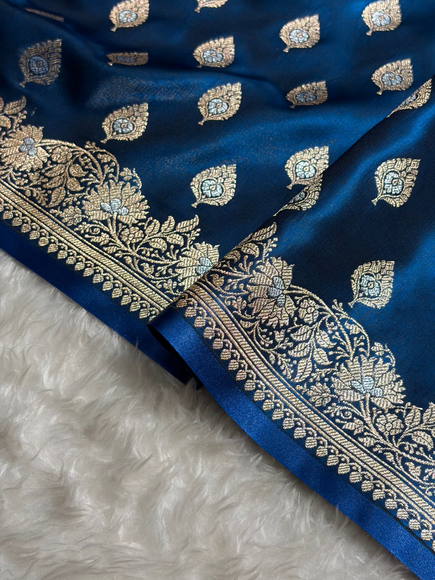 Banarasi German Blue Shades Minakari Booti Pattern Banarasi Satin Silk Saree SS60