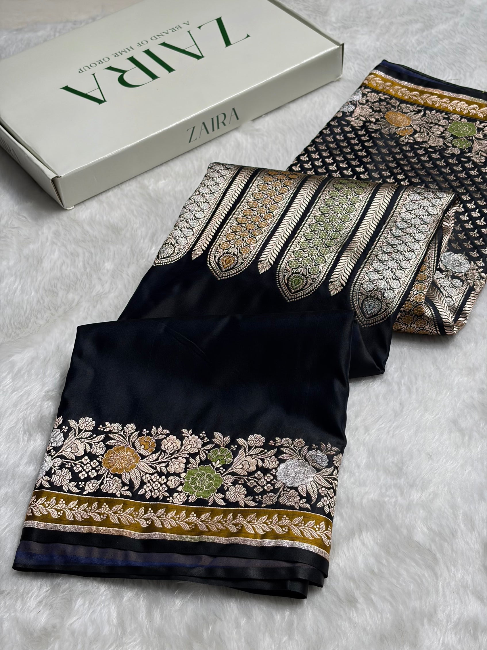 Dark Navy Blue Shades Floral Minakari Skirt Border Mashru Silk Saree MSM-83