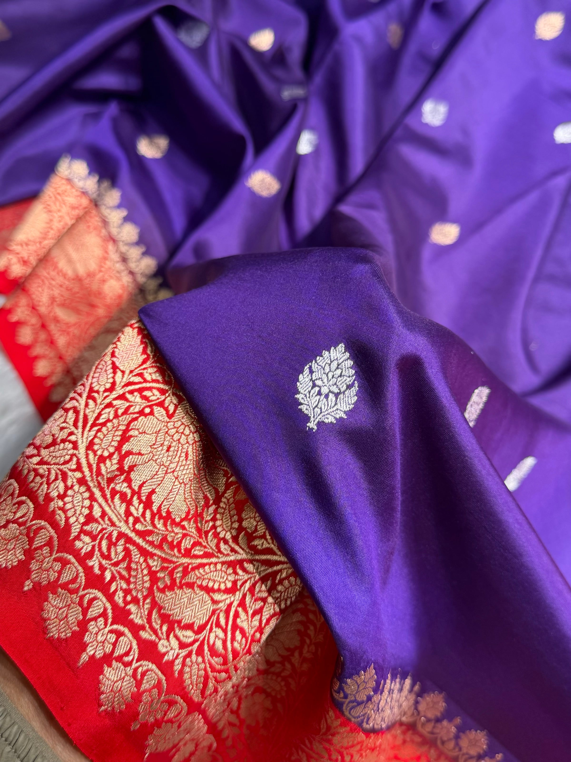 Contrast Purple With Red Boota Handwoven Pure Katan Raw Mango Silk RM-33