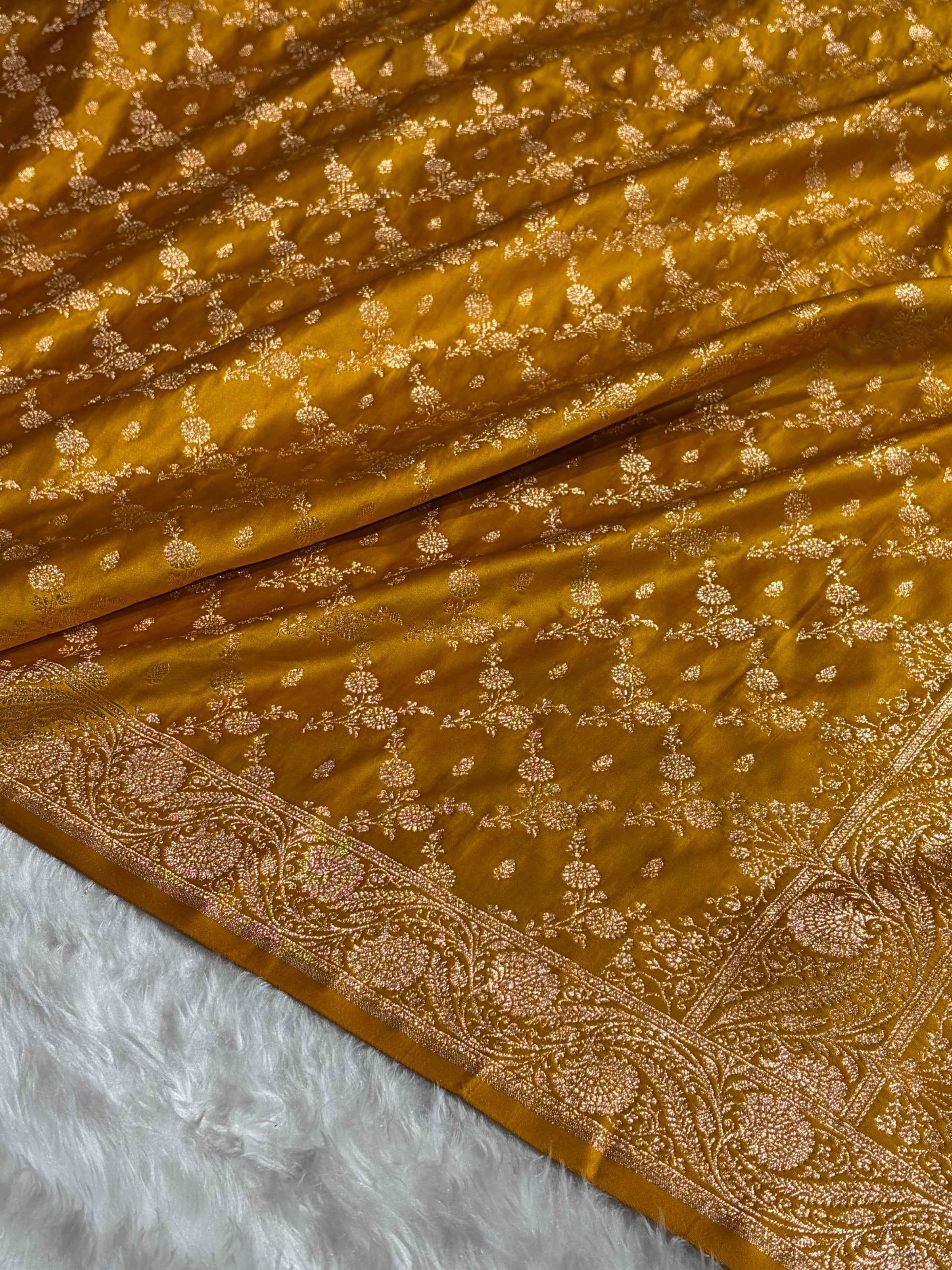 Banarasi Satin Katan Saree Jaal Pattern In Mustard Shades SK133