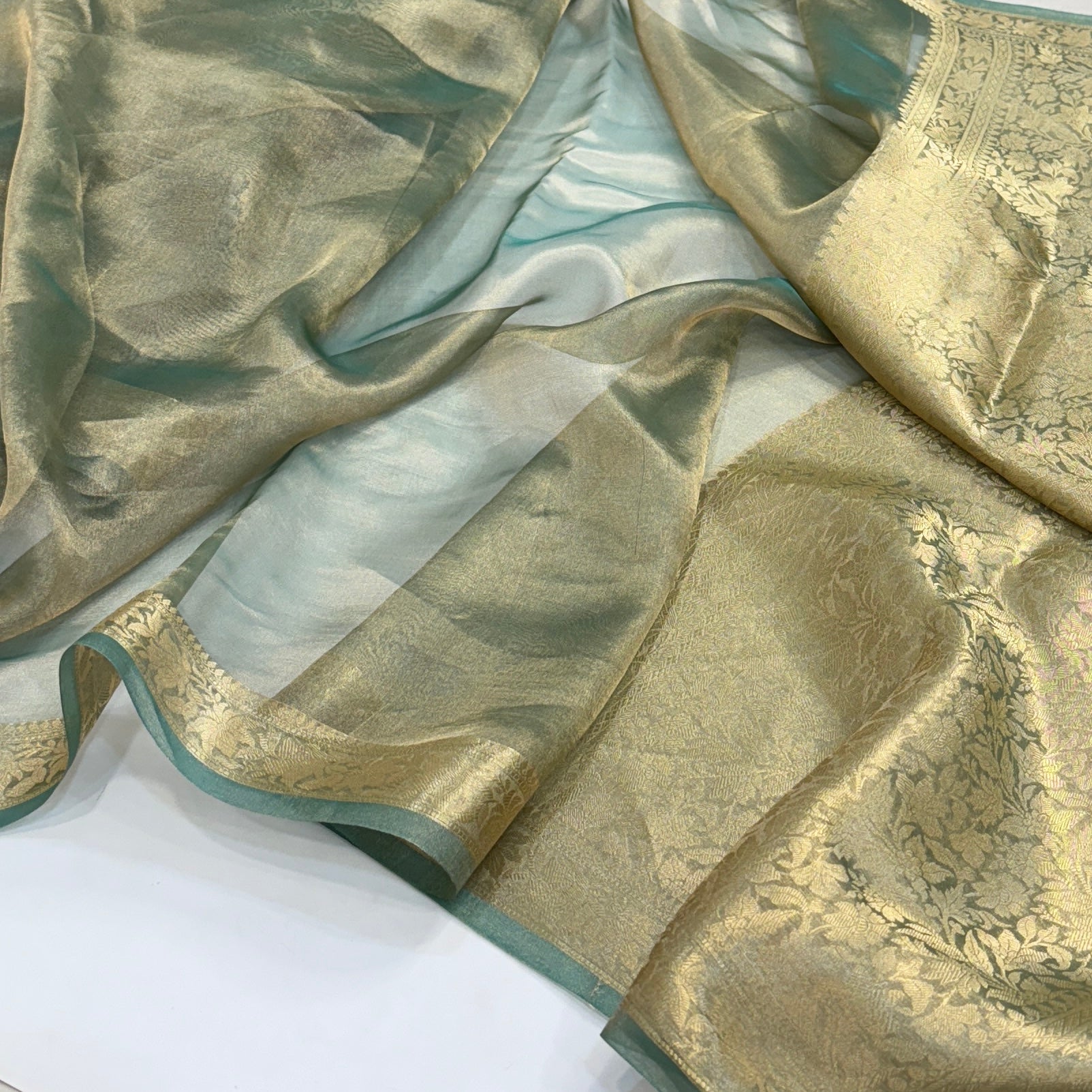 Turquoise Shade Pure Tissue Silk Saree with Brocade Blouse PT-03