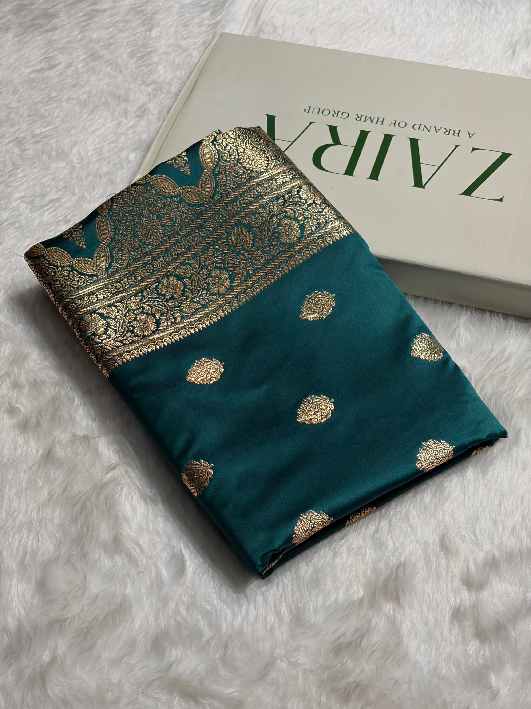 Dark Rama Booti Pattern Satin Katan Silk Saree SK65