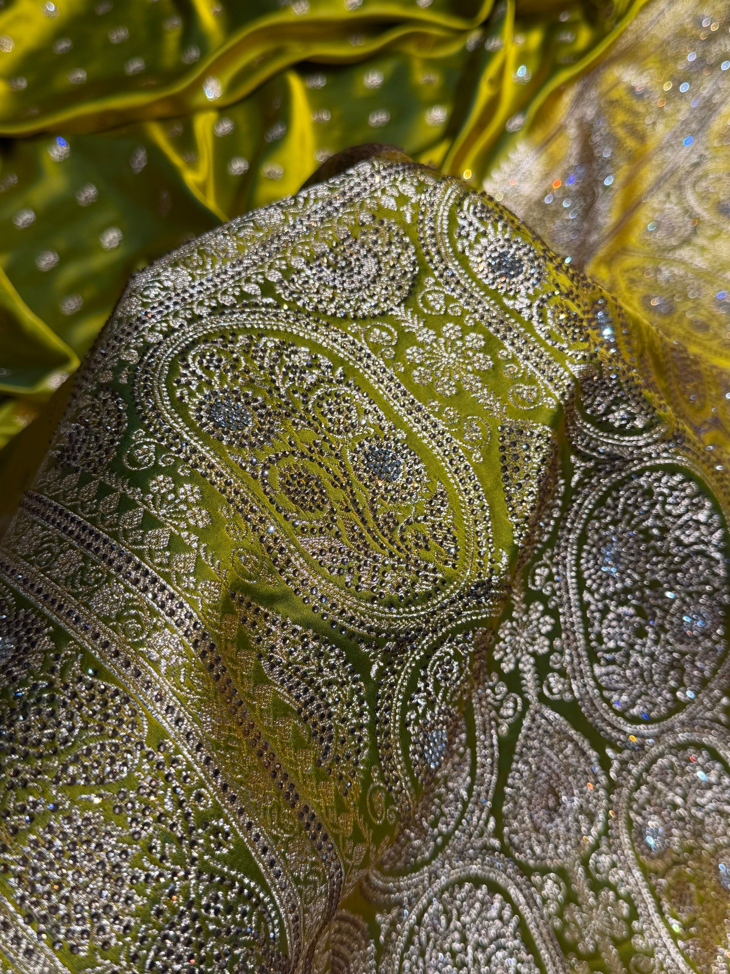 Banarasi Mehandi Booti Pattern With Swarovski Stone Work Satin Katan Silk Saree BSK53