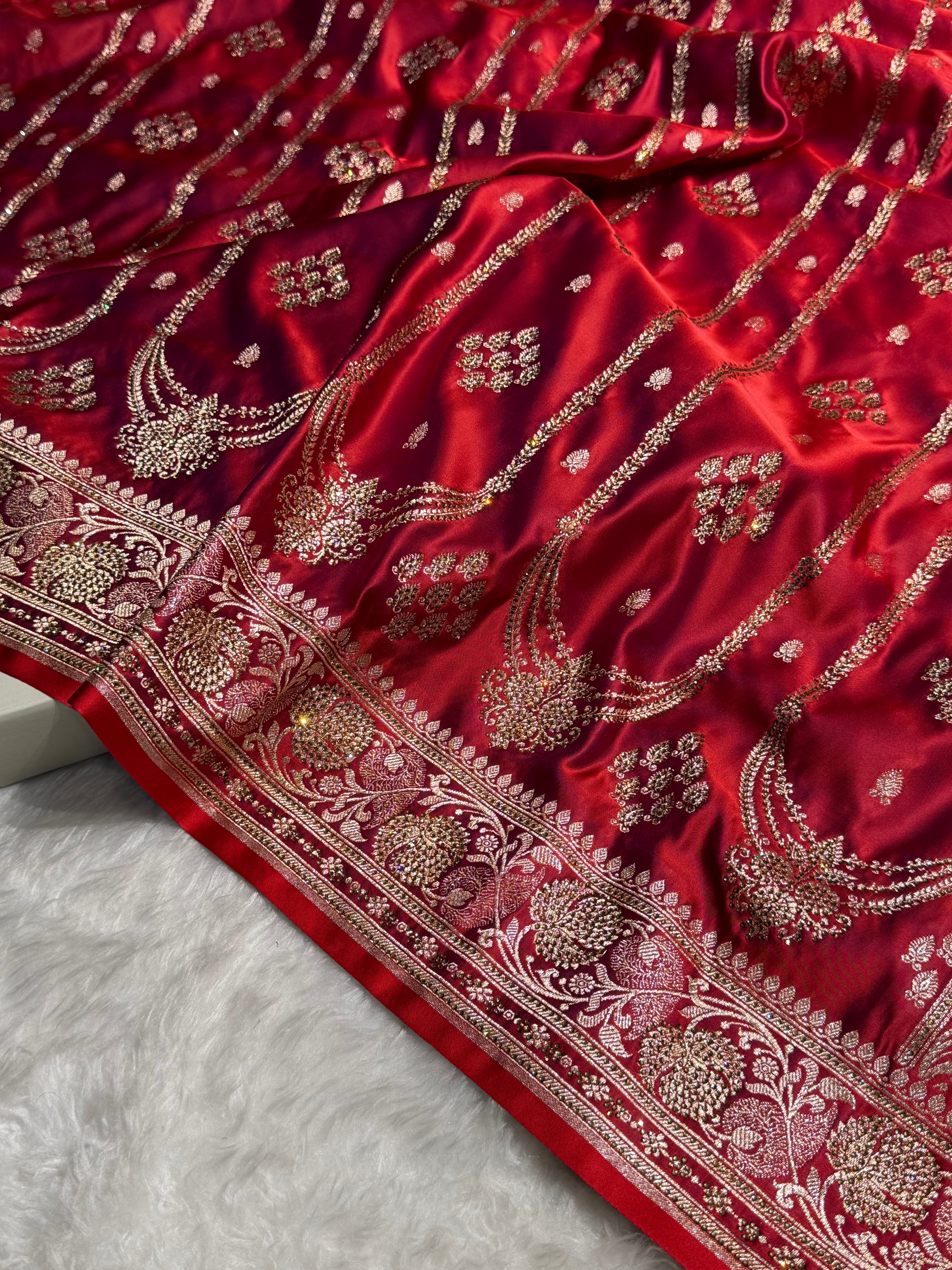 Cross Red Floral Boota Pattern With Bananas Swarovski Stone Work Satin Katan Silk saree BSK39