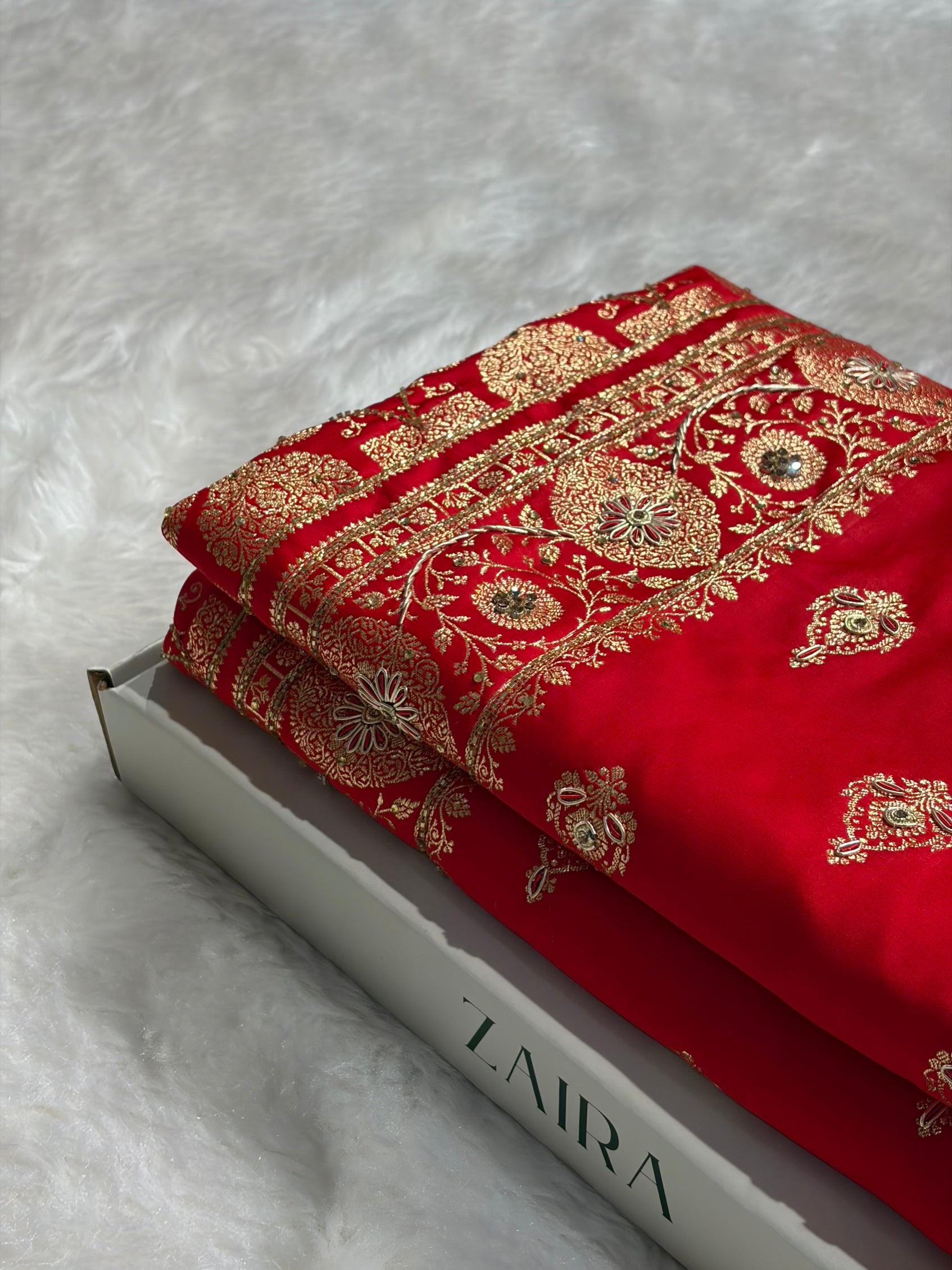 Banarasi Satin Katan Saree With Aari Zardozi Work Boota in Red Shades BSK98