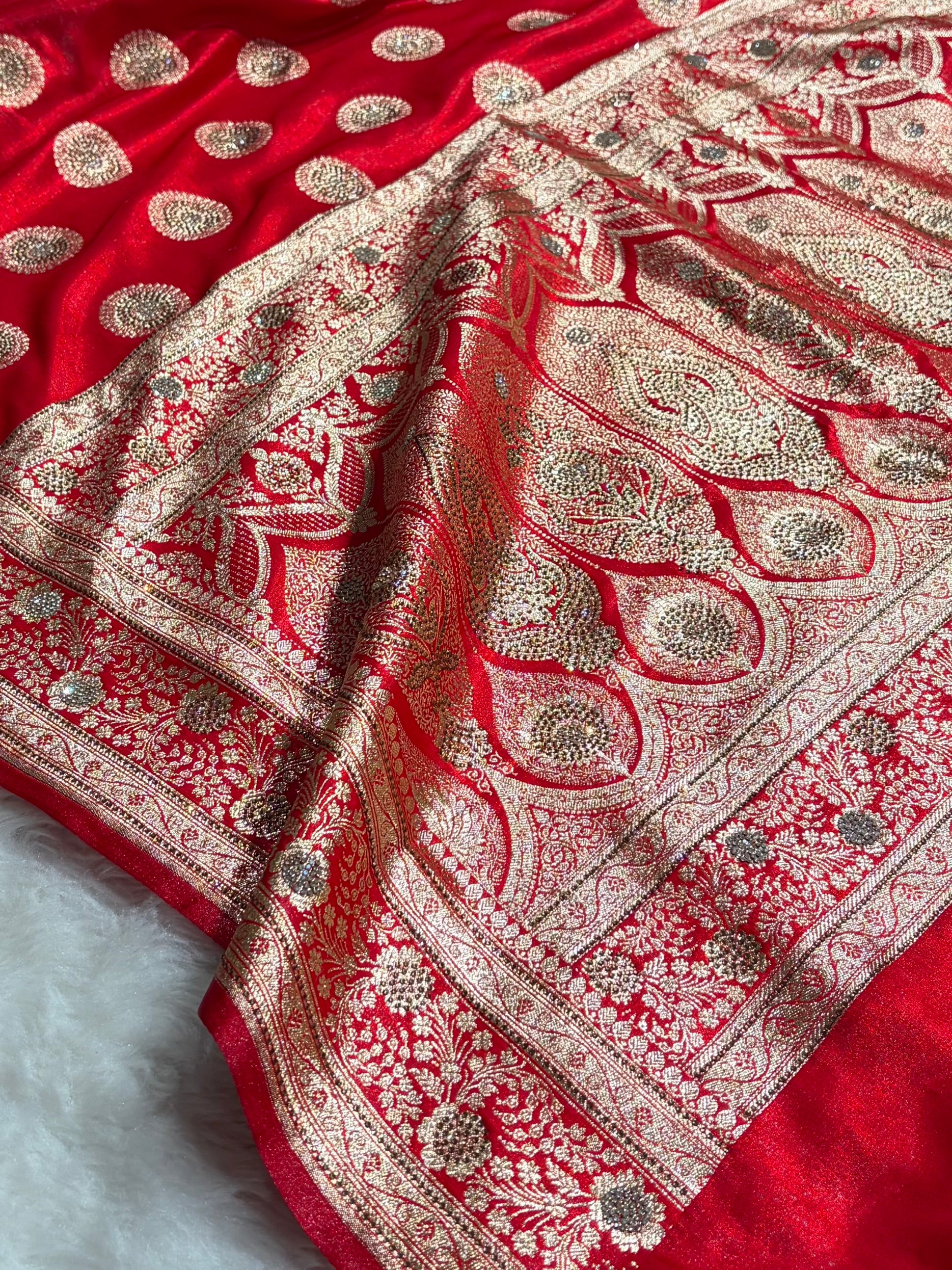 Red Shades Banarasi With Swarovski Stone Work Satin Silk Saree BSS33
