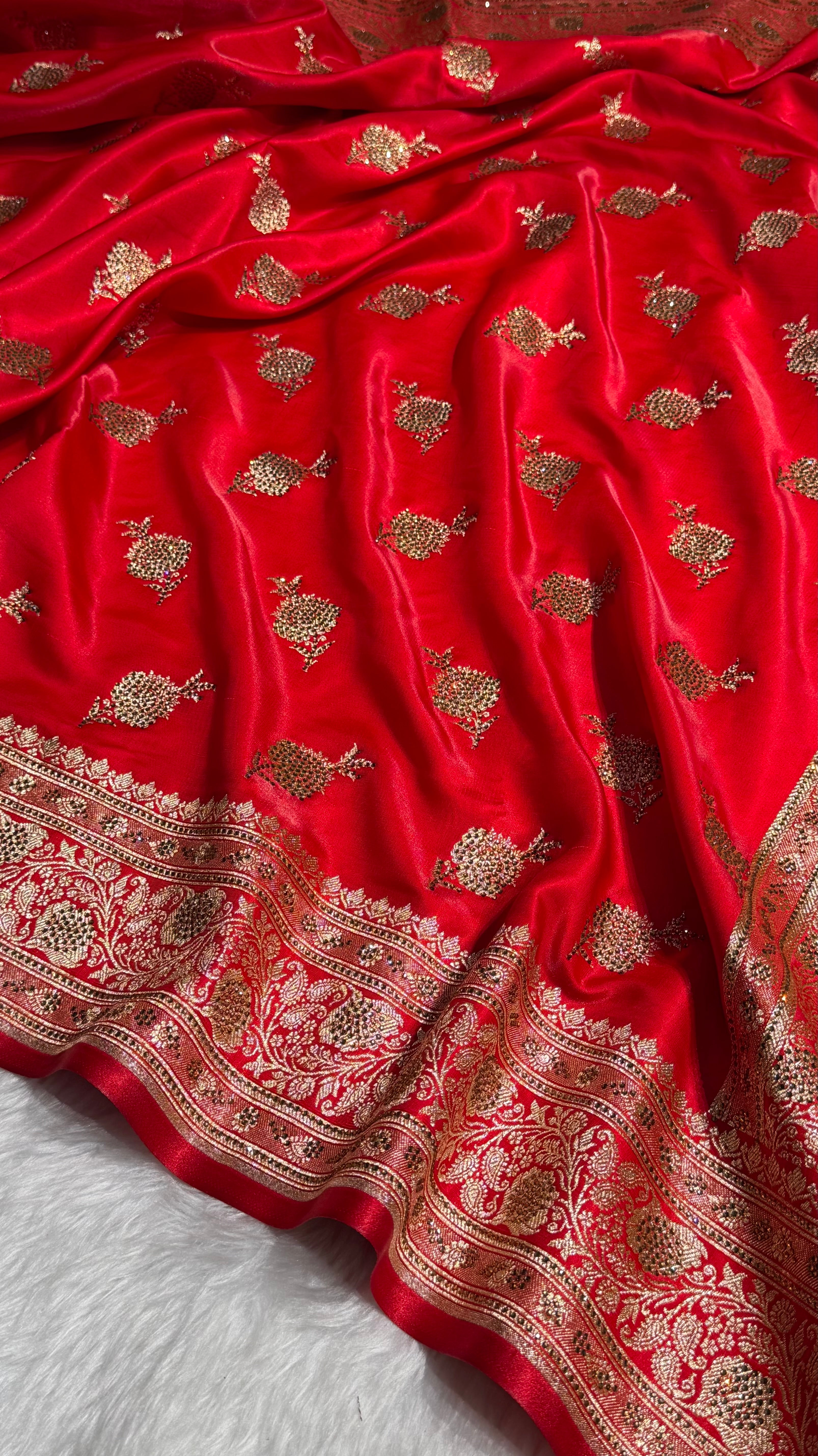Satin Silk Saree Swarovski Work Floral Boota in Red Shades BSS26