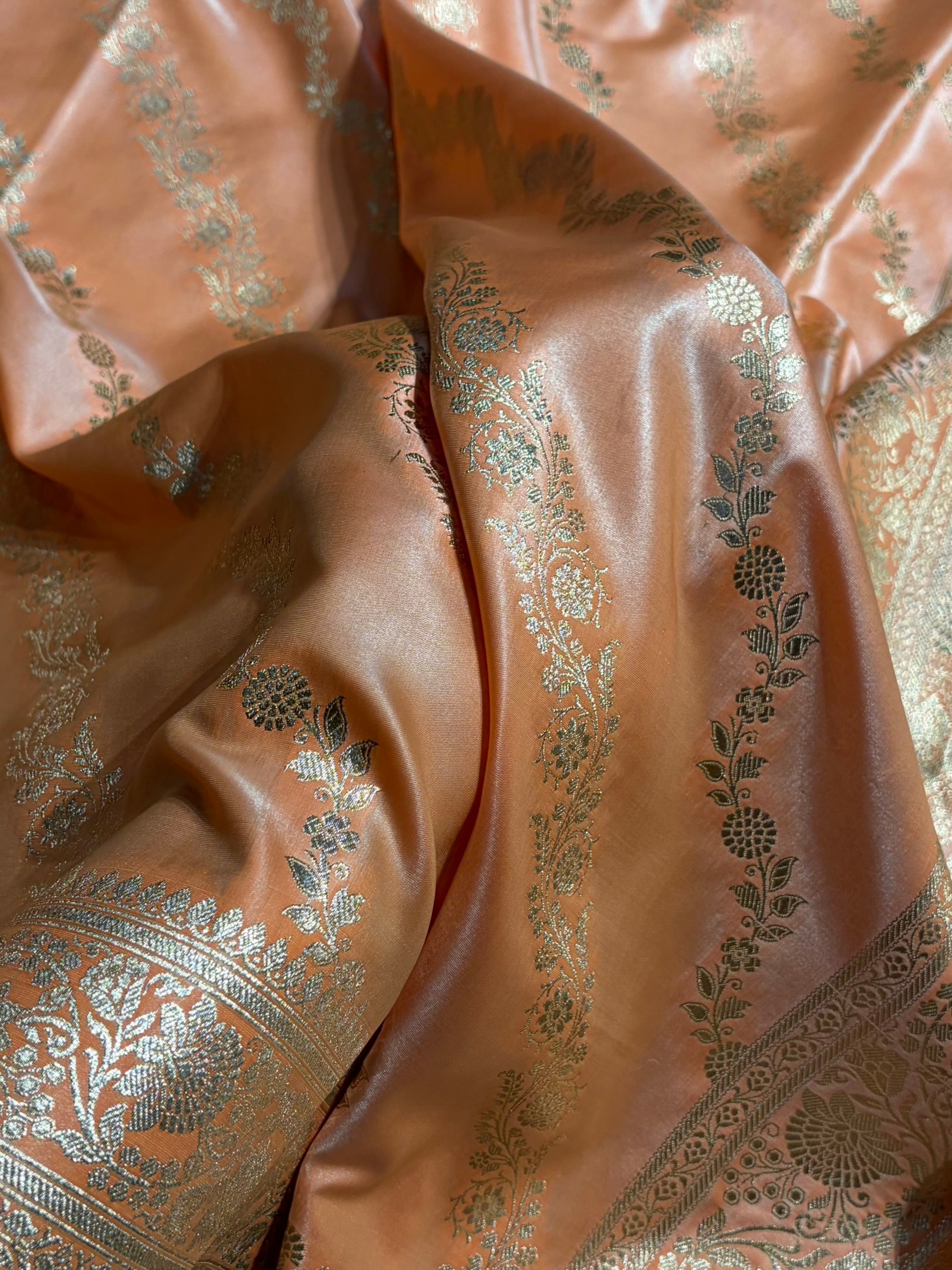 Banarasi Light Weight Satin Silk Peach Cross Pattern SS10