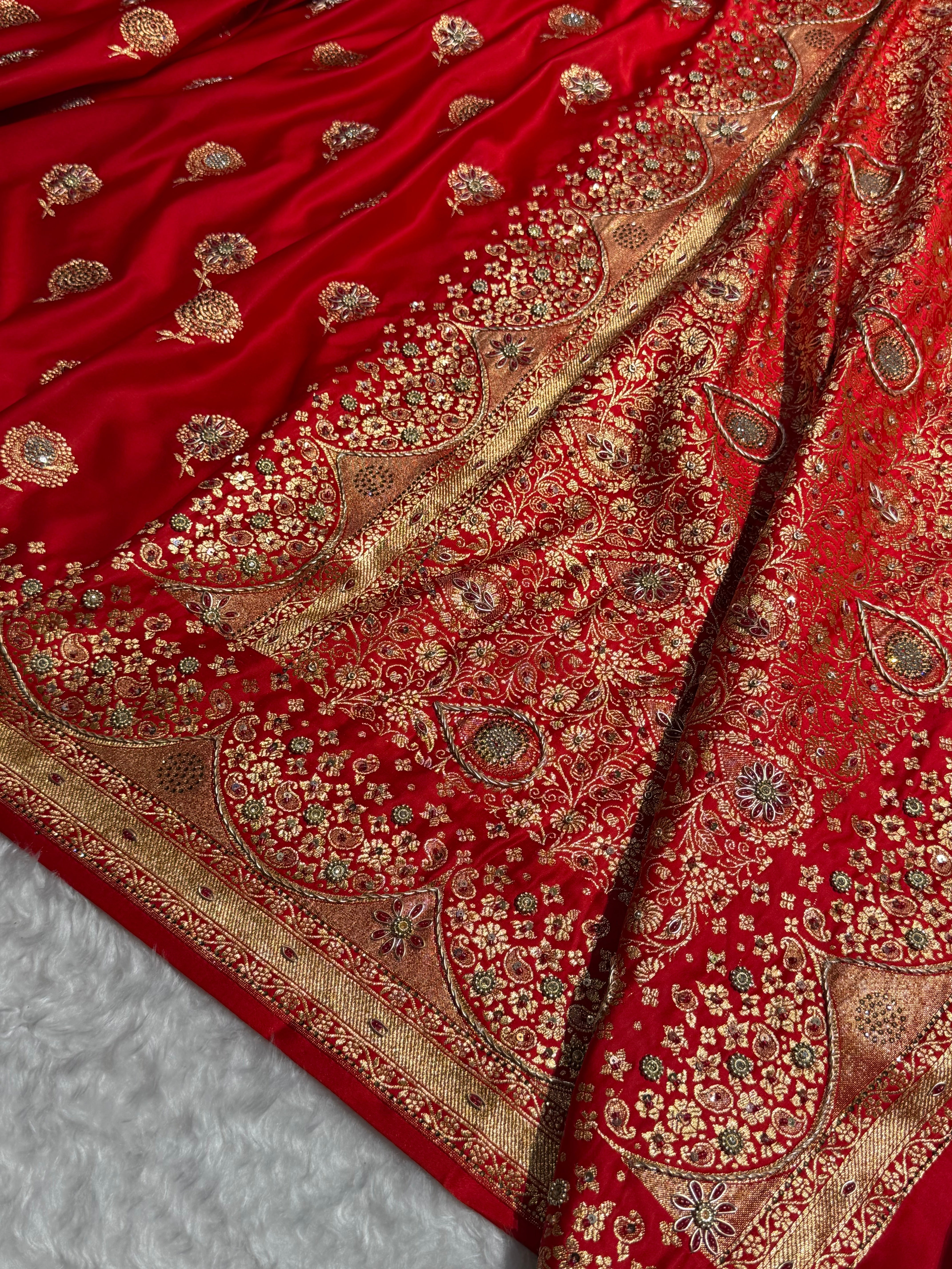 Banarasi Satin Katan Saree With Ari & Zardozi Work Boota in Red Shades BSK111