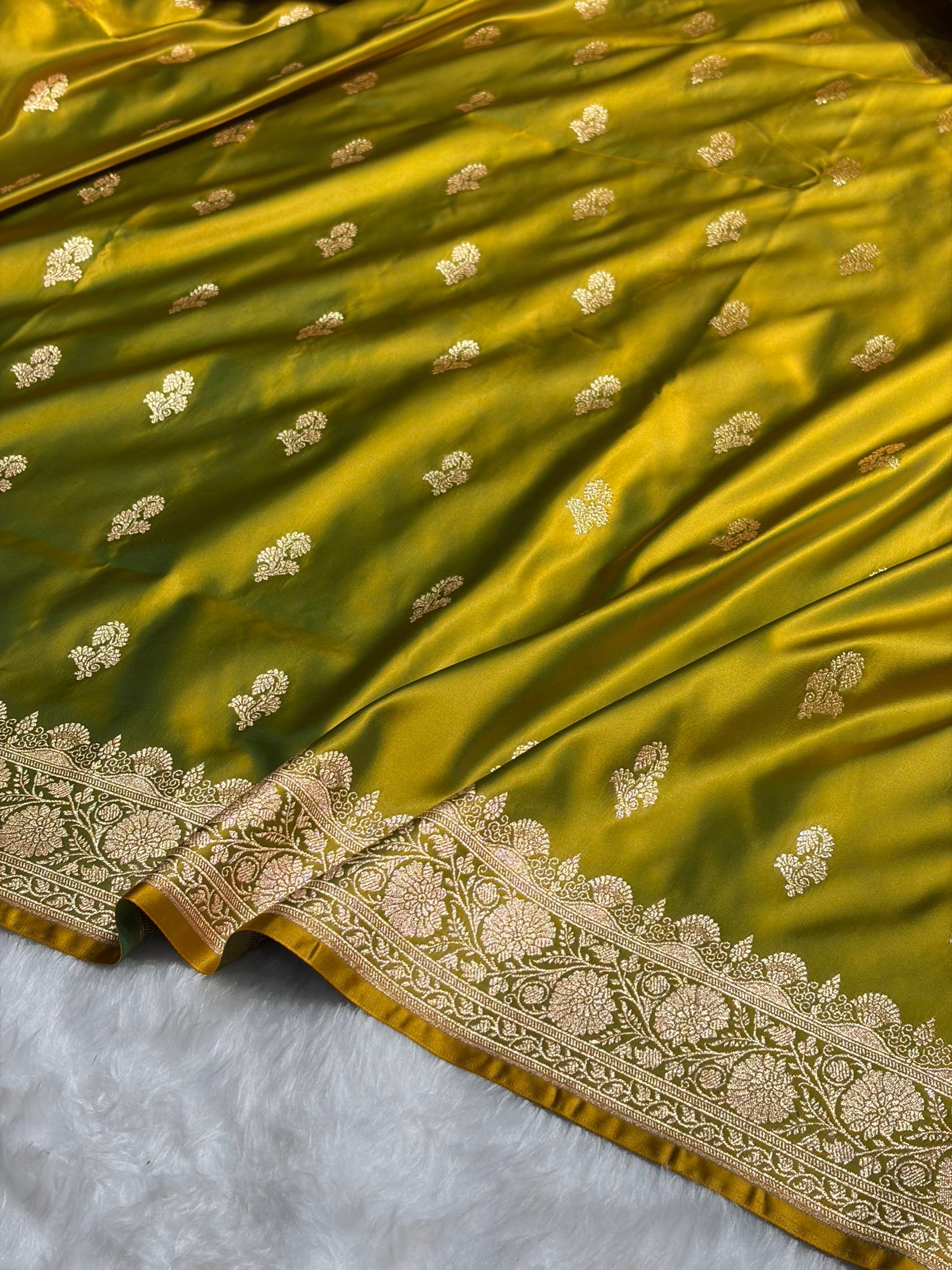 Liril Green Shades Floral Booti Motif Satin Katan Silk saree SK61