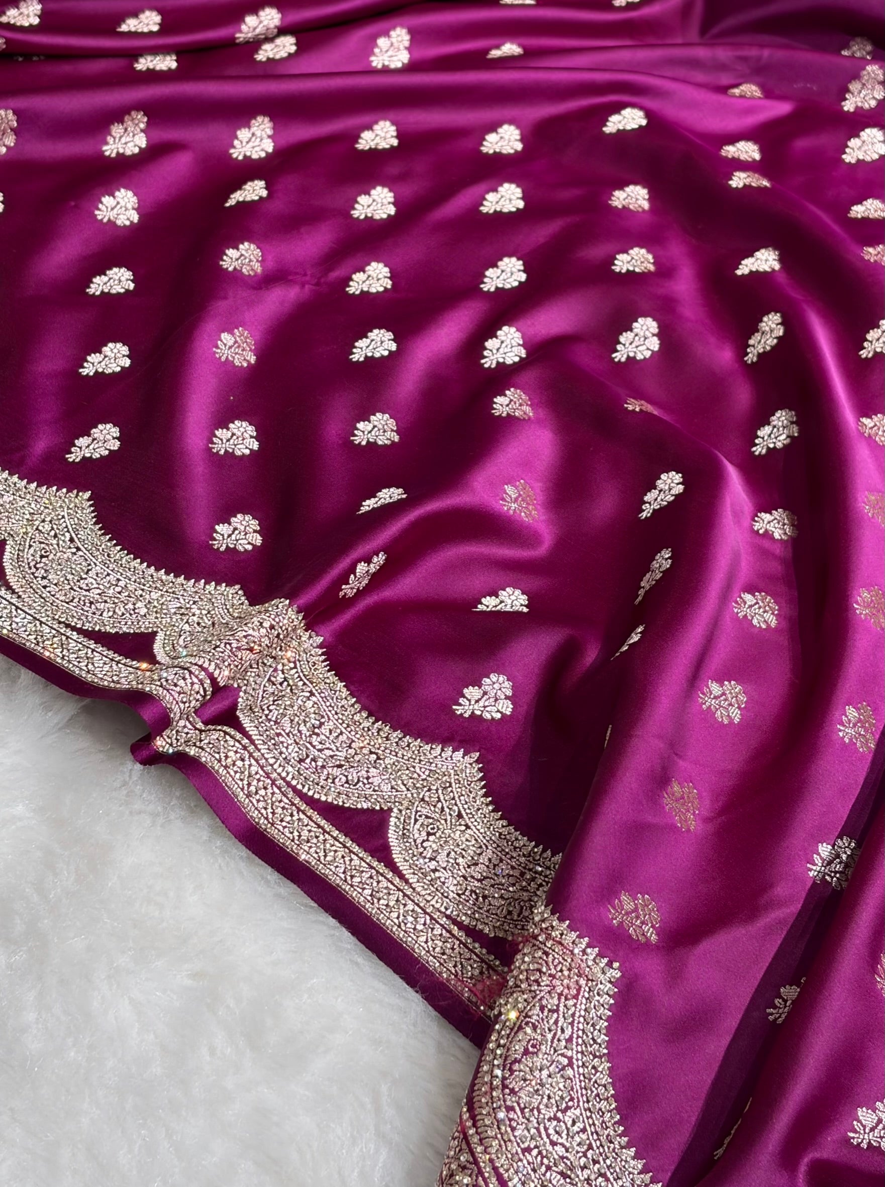 Banarasi Wine Scallop Mashru Silk with White Stone Swarovski work BMS02