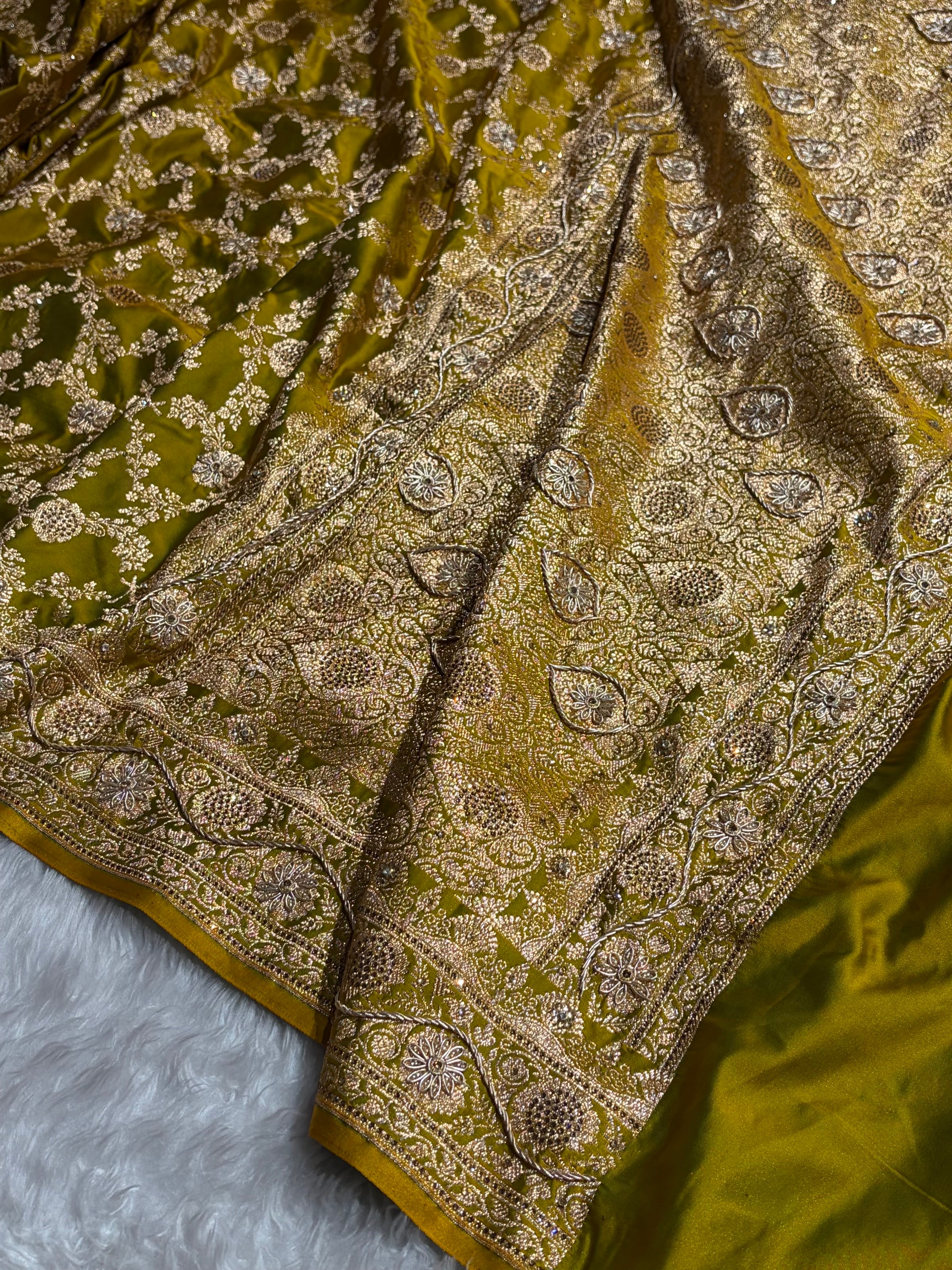 Mustard Shades Jaal Floral Pattern With Zardozi And Swarovski Stone Work Satin Katan Silk Saree BSK80