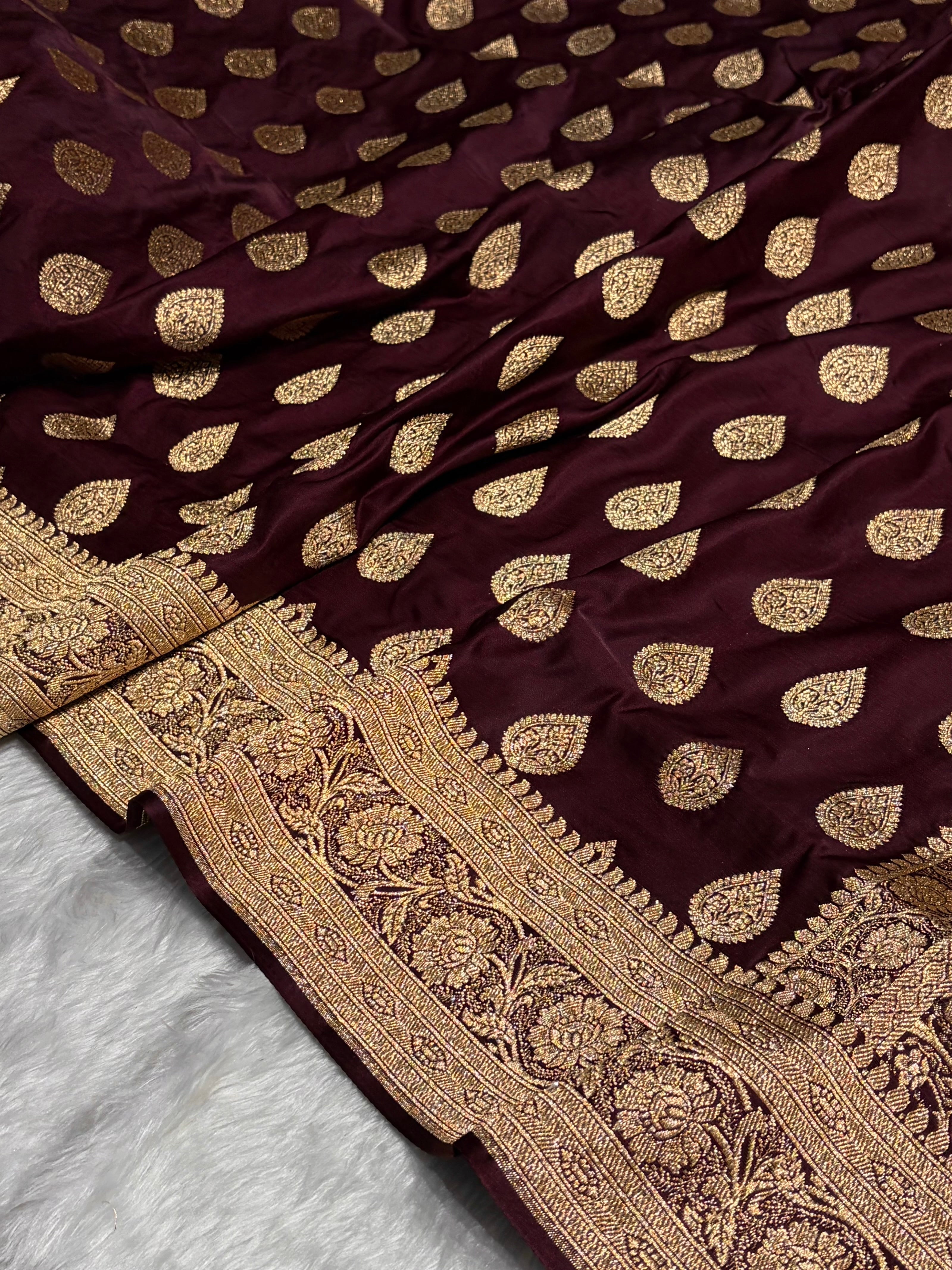 Dark Chocolate Katan Silk Saree In Boota Floral Motif