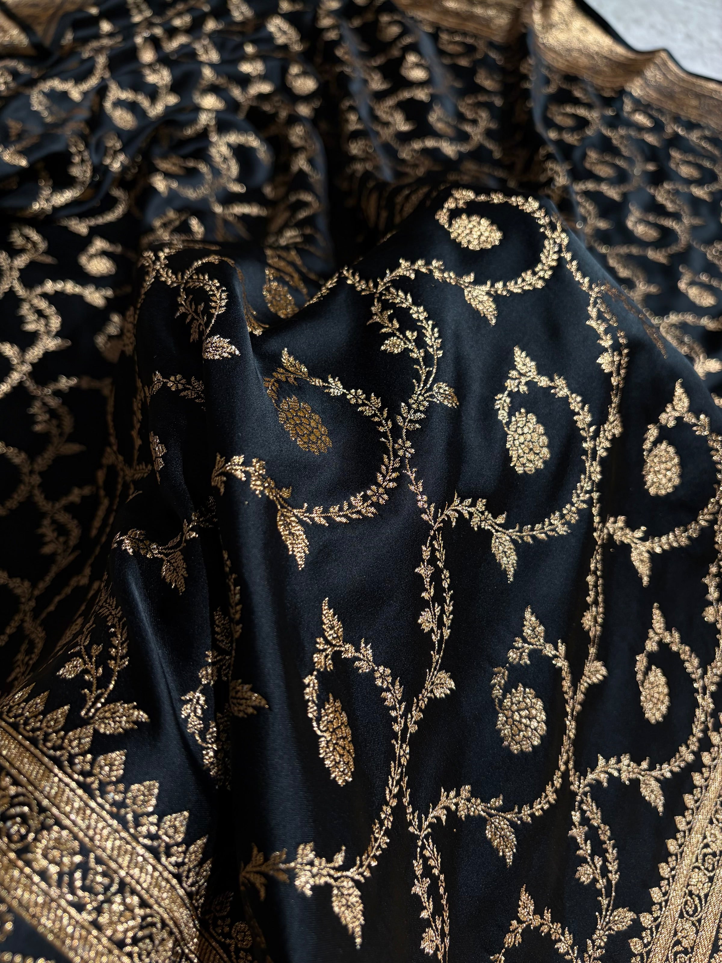 Black Floral Jaal Pattern Satin Katan Silk saree SK55