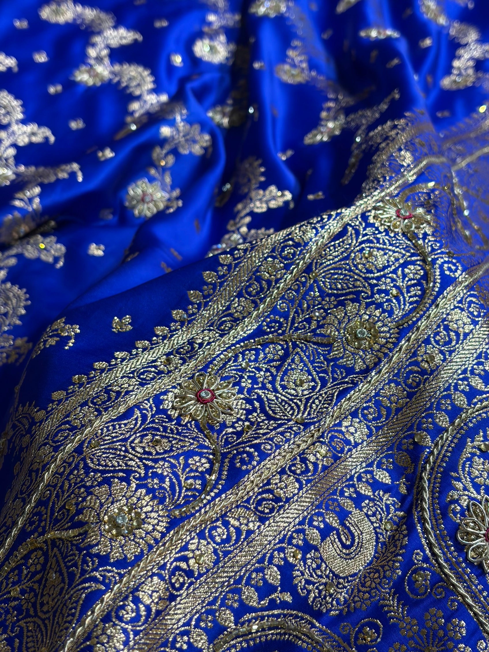 Banarasi Satin Katan Saree With Ari Zardozi Work Jaal Pattern in Royal Blue Shades BSK121