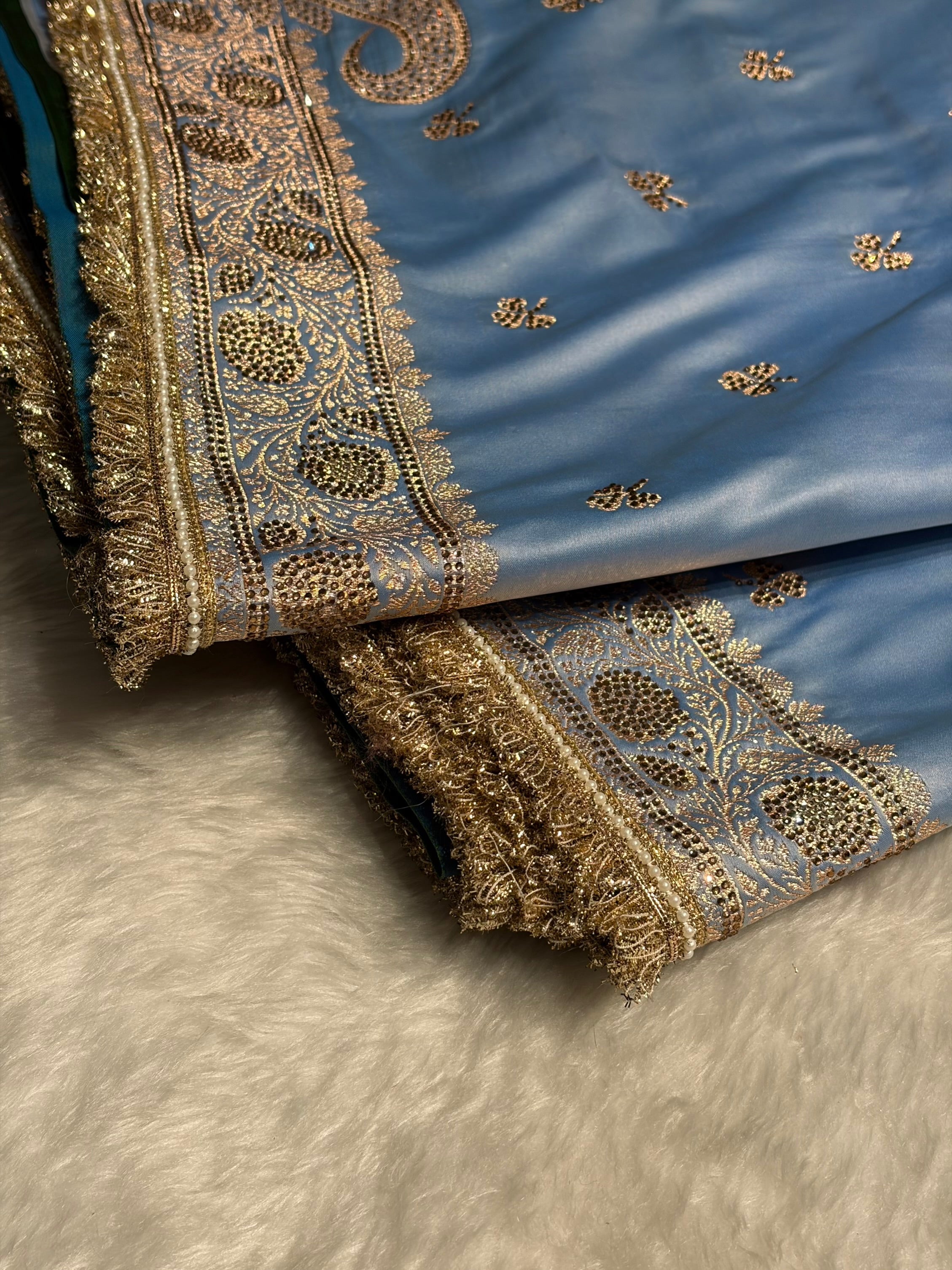 Sky Blue Booti With Swarovski Work & Gotta Patti Katan Silk Saree BSKGP09