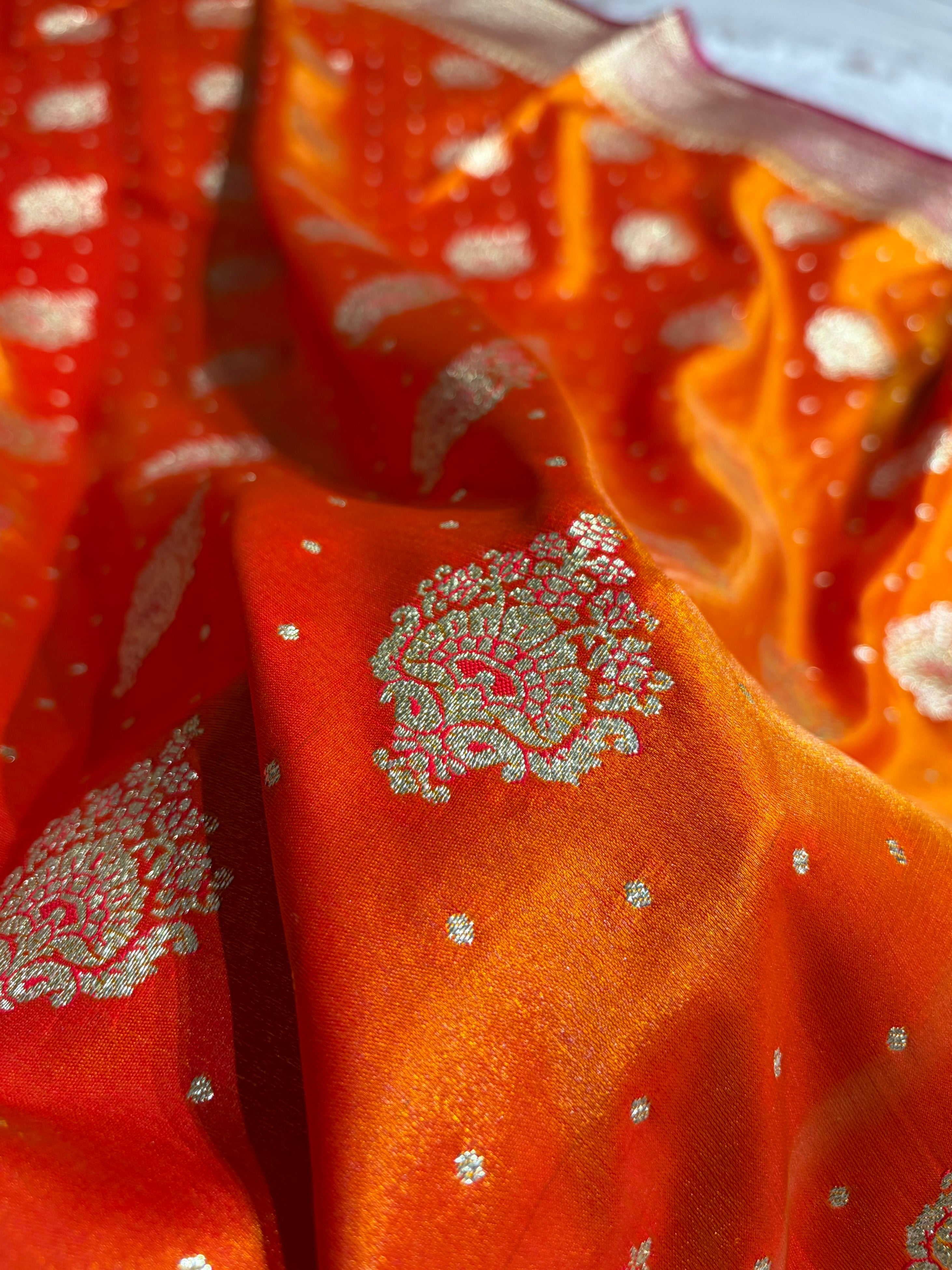 Satin Silk Unique Booti in Contrast Fire Gold With Rani Shades