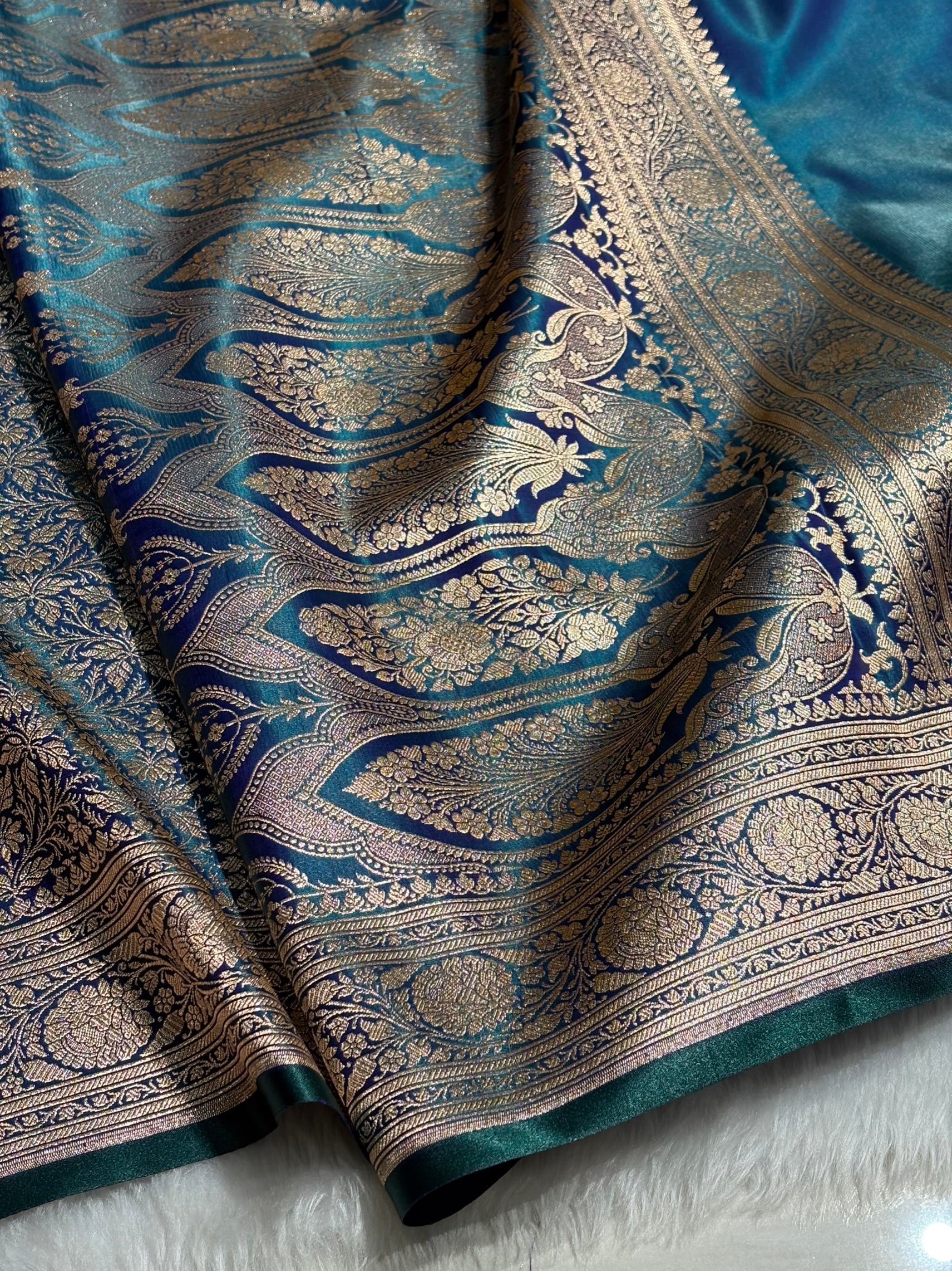 Peacock Shades Brocket Satin Silk Saree Banarasi Saree Shades SS30