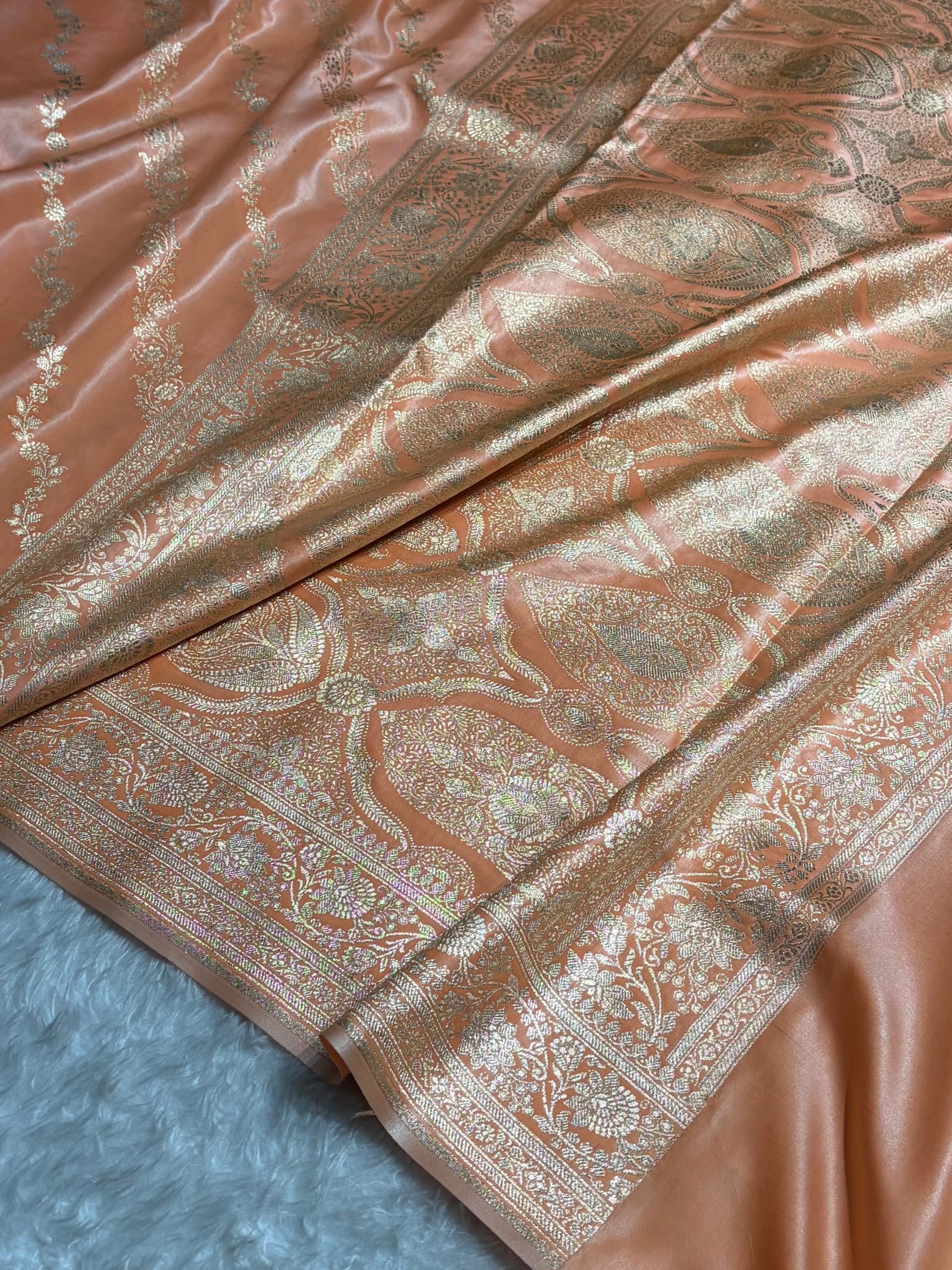 Banarasi Light Weight Satin Silk Peach Cross Pattern SS10