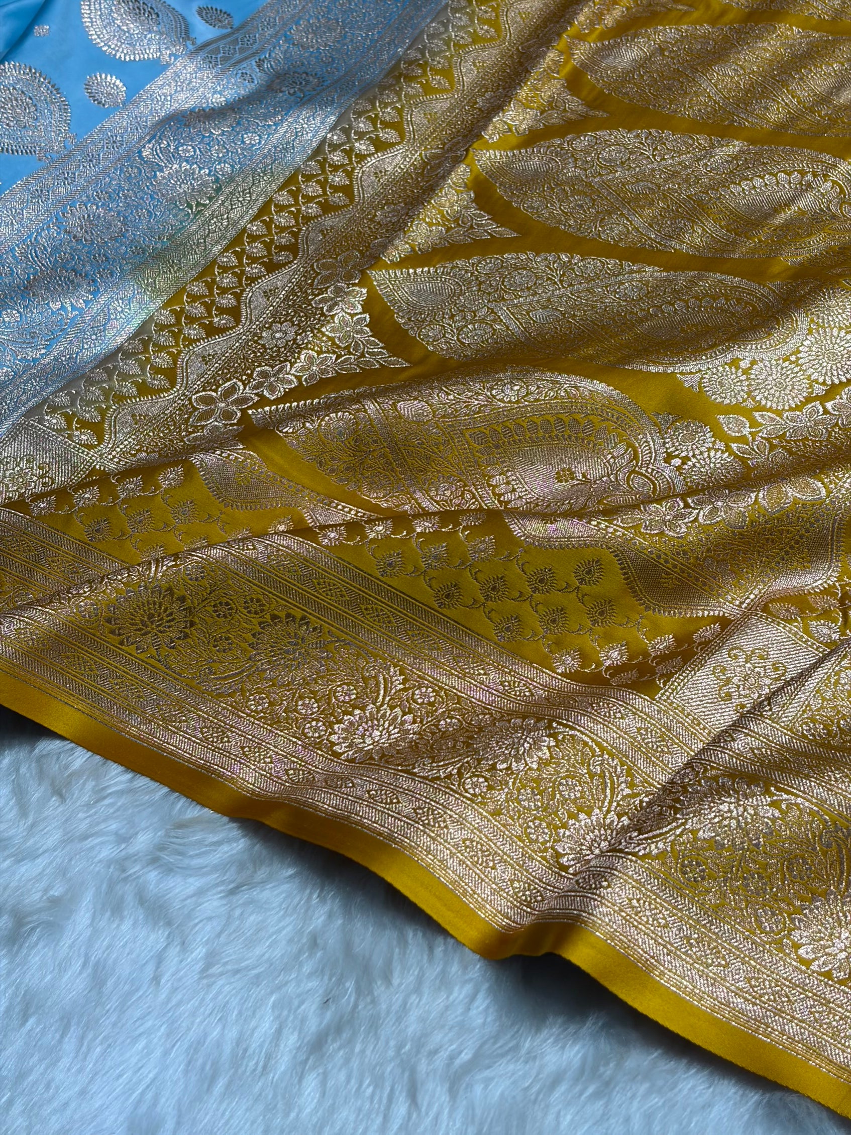 Sky blue with Mustard Booti Satin Katan Silk saree SK29
