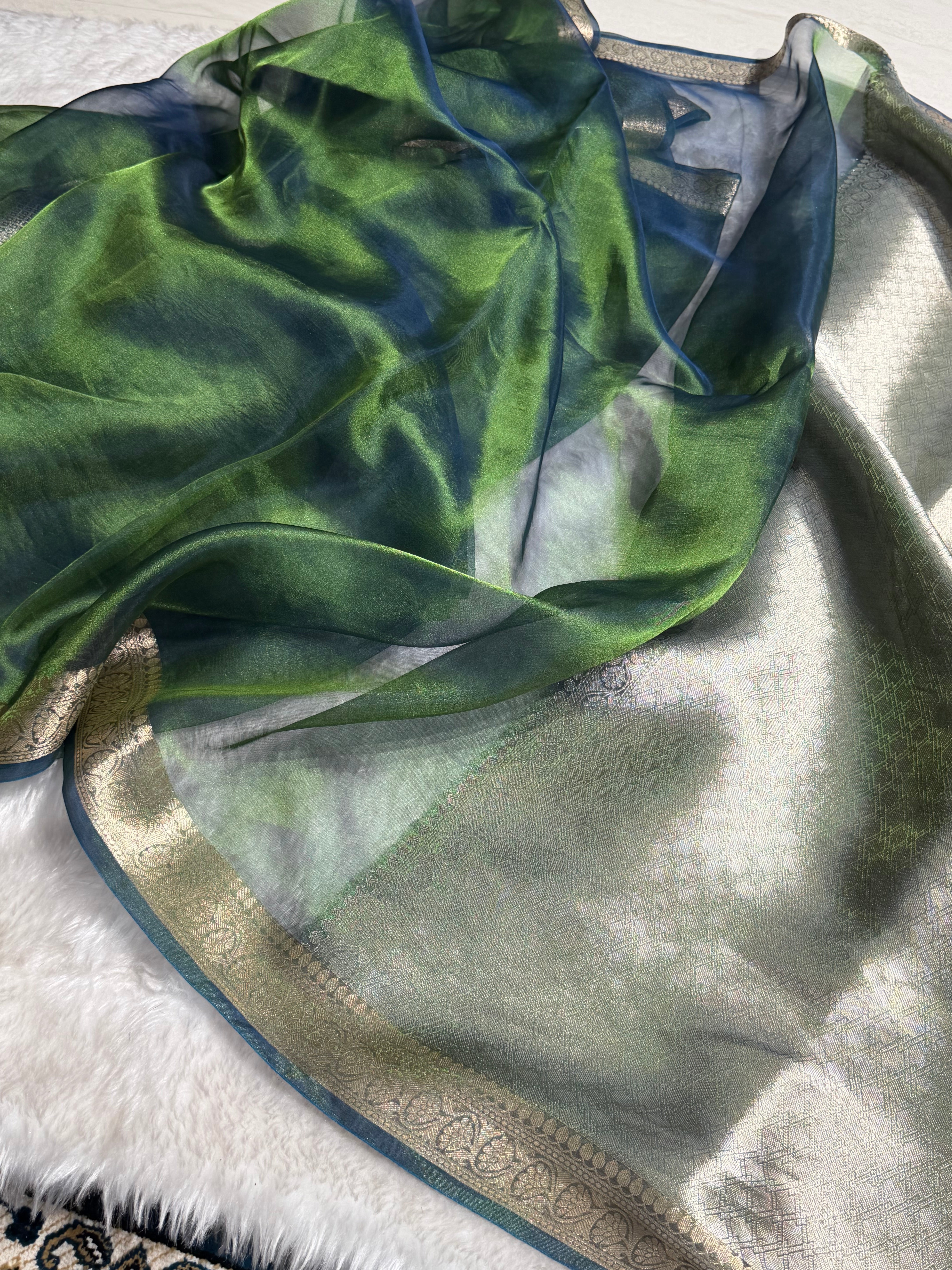 Banarasi Bottle Green Shades Pure Tissue Silk Saree with Brocade Blouse PT-09