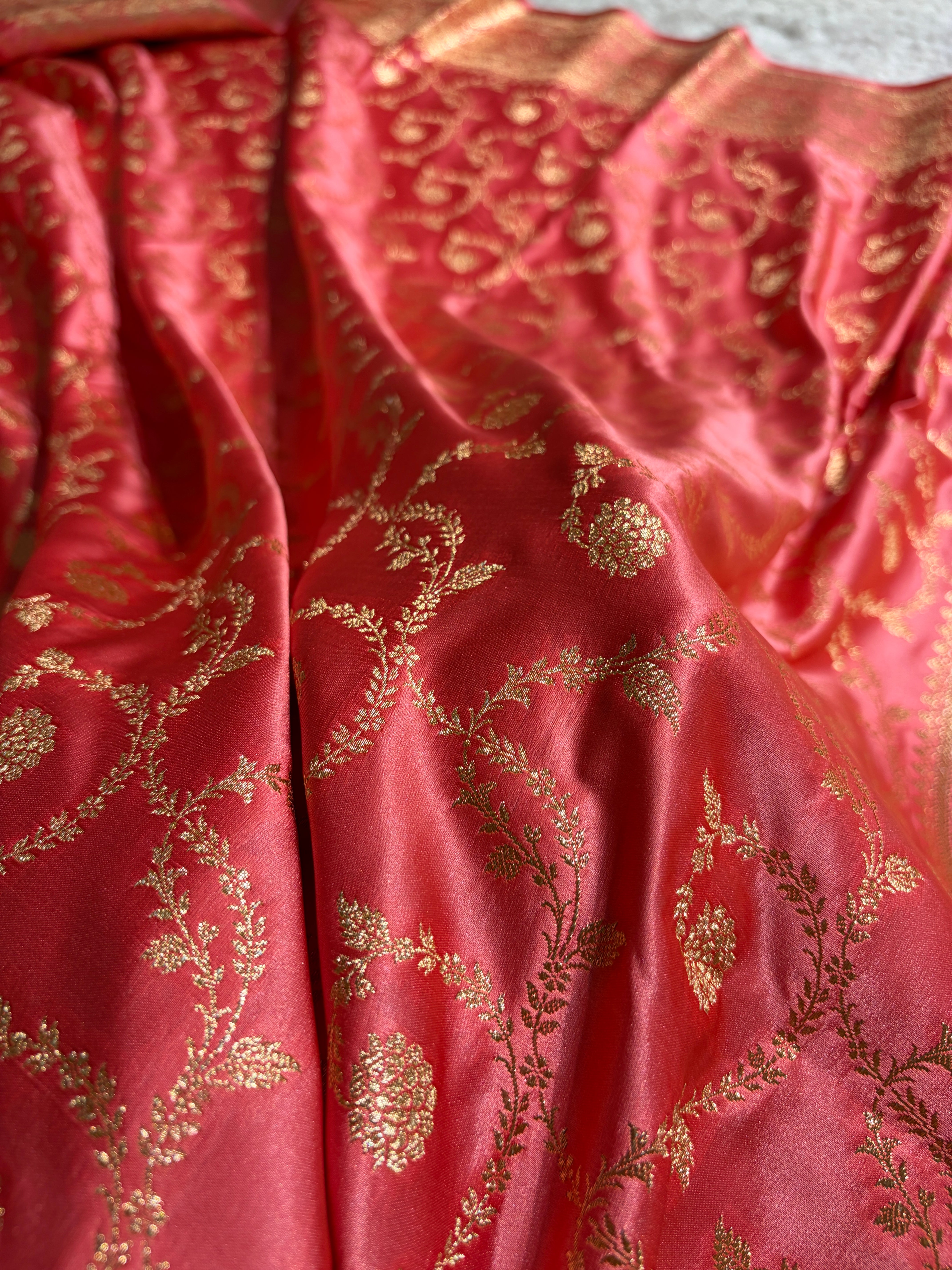 Strawberry Shades Floral Jaal Pattern Satin Katan Silk saree SK55