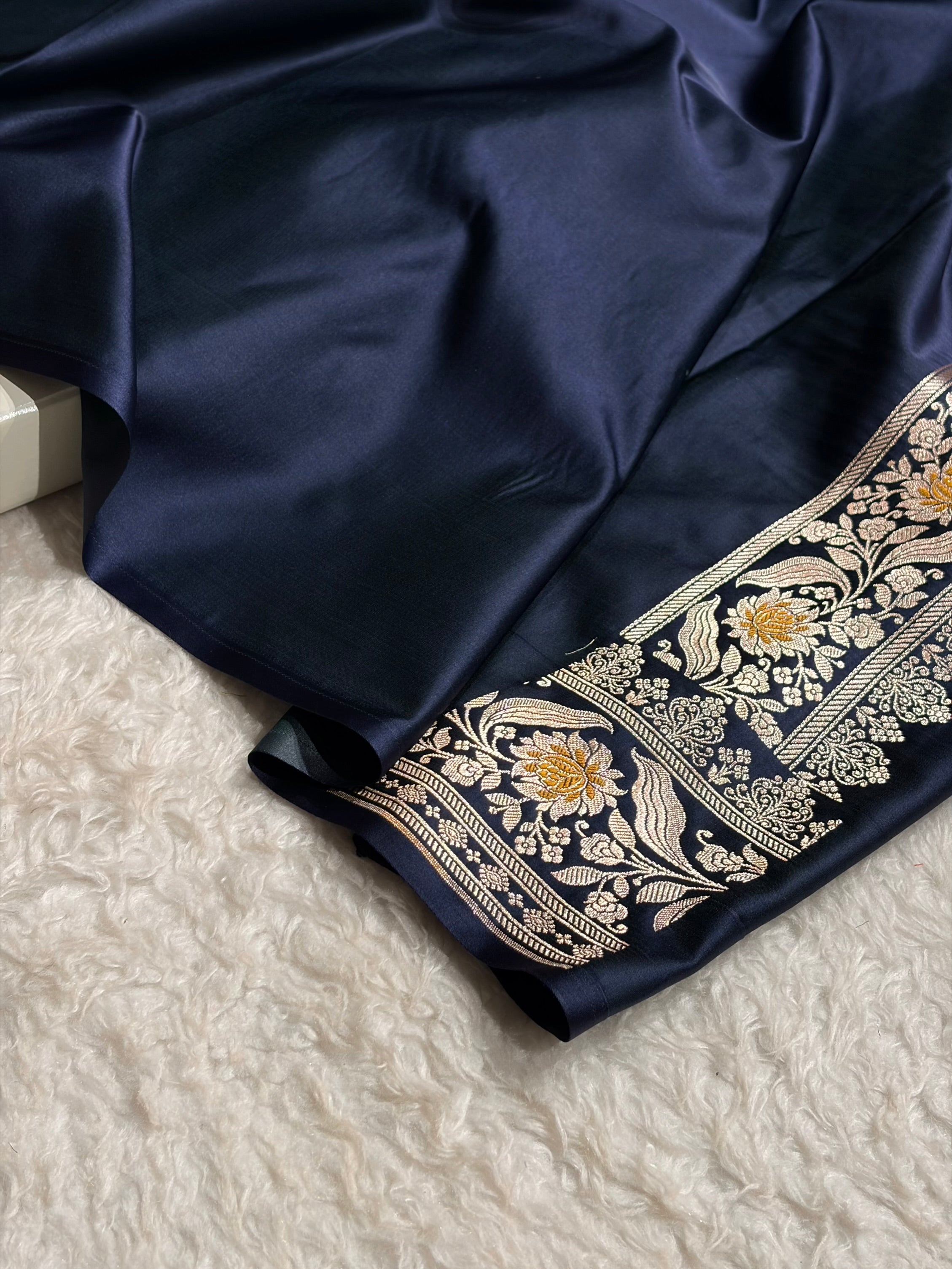 German Blue Shades Banarasi Boota Pattern Minakari Floral Mashru Silk Saree MSM-121