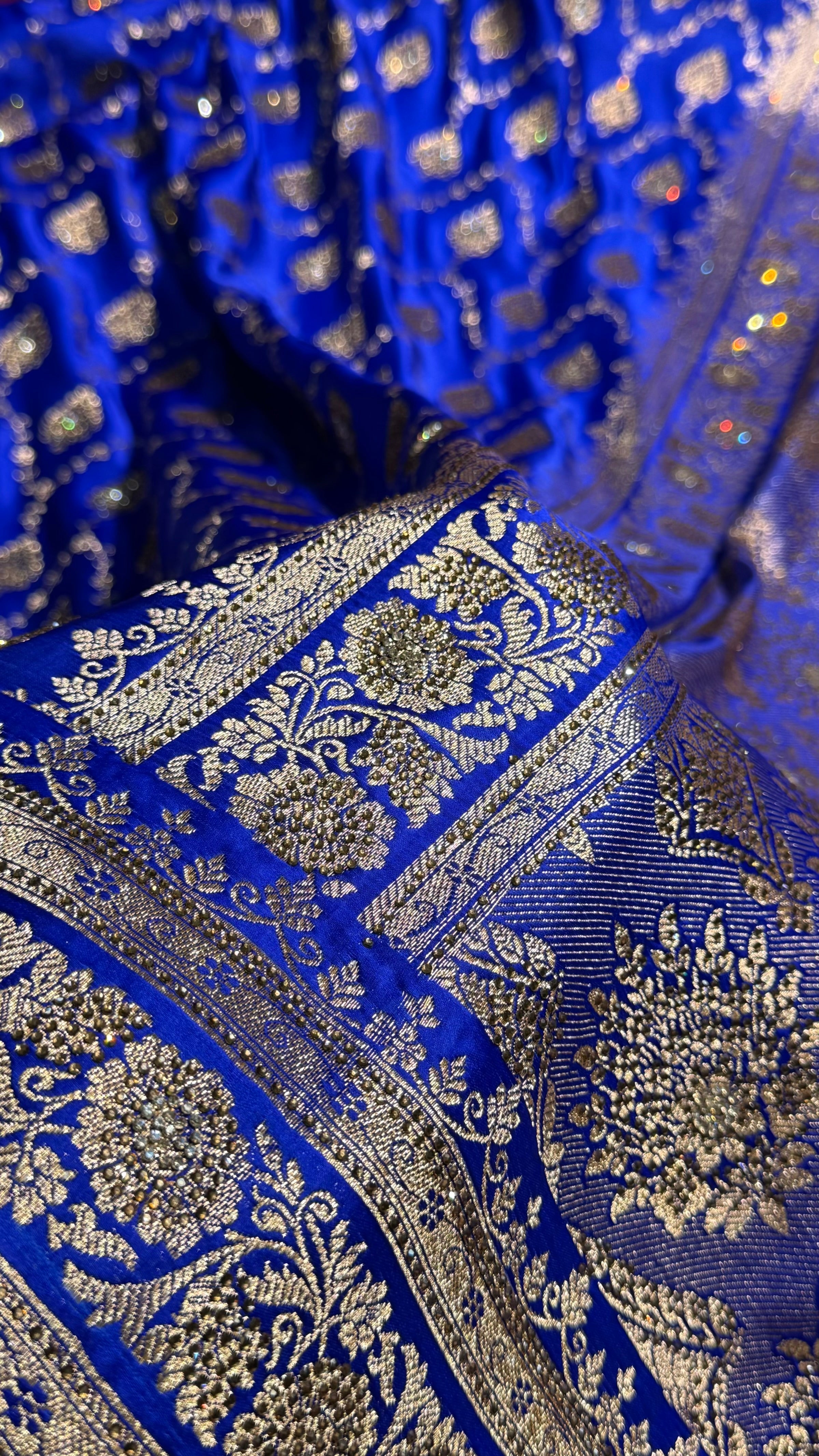Royal Blue Floral Jaal Pattern Satin Katan Silk saree BSK42
