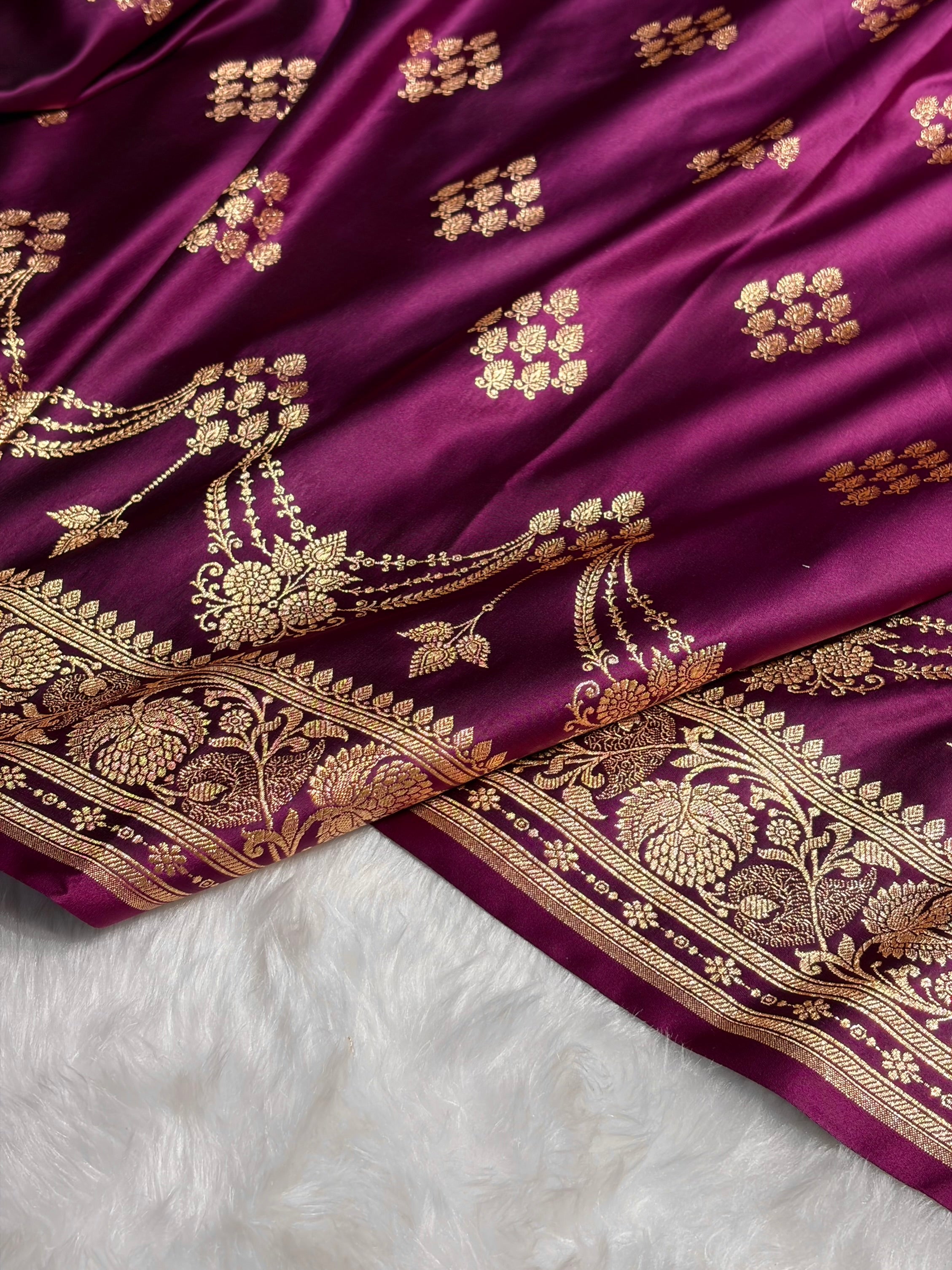 Wine Floral Boota Satin Katan Silk saree SK34