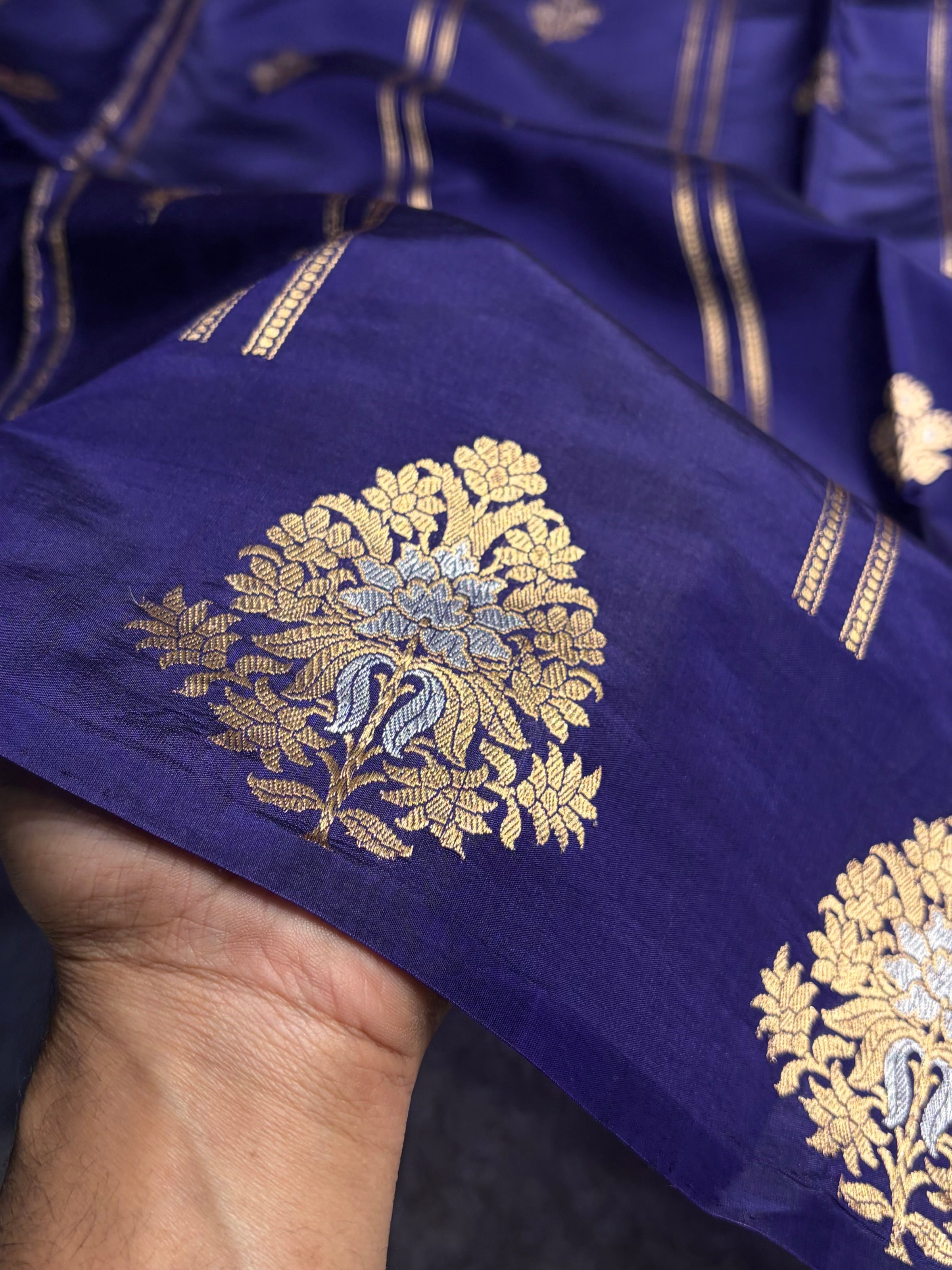 Navy Blue Shades Banarasi Handwoven Pure Paper Katan Silk RM-66