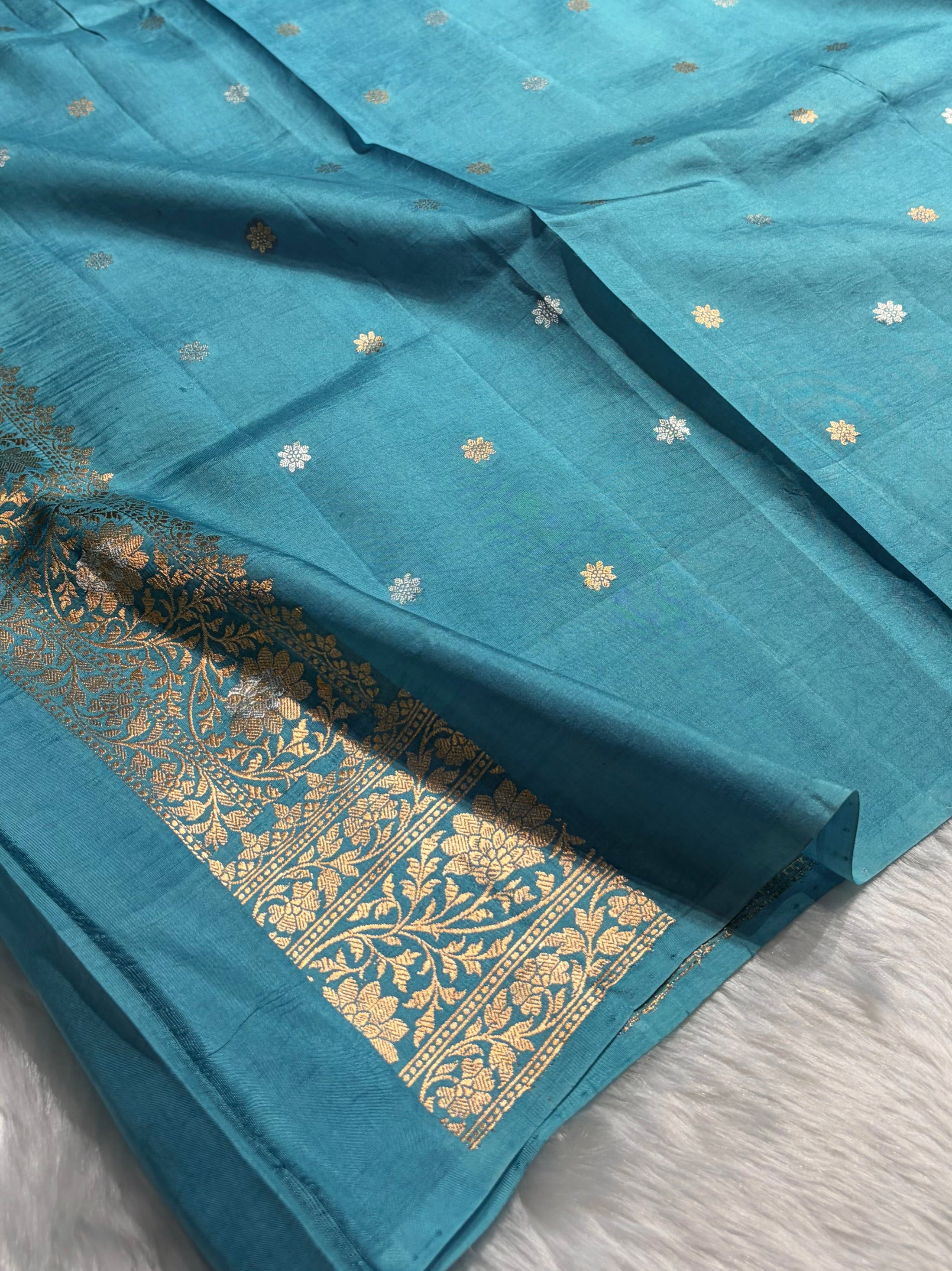 Firozi Shades Boota Handwoven Pure Katan Raw Mango Silk RM-18