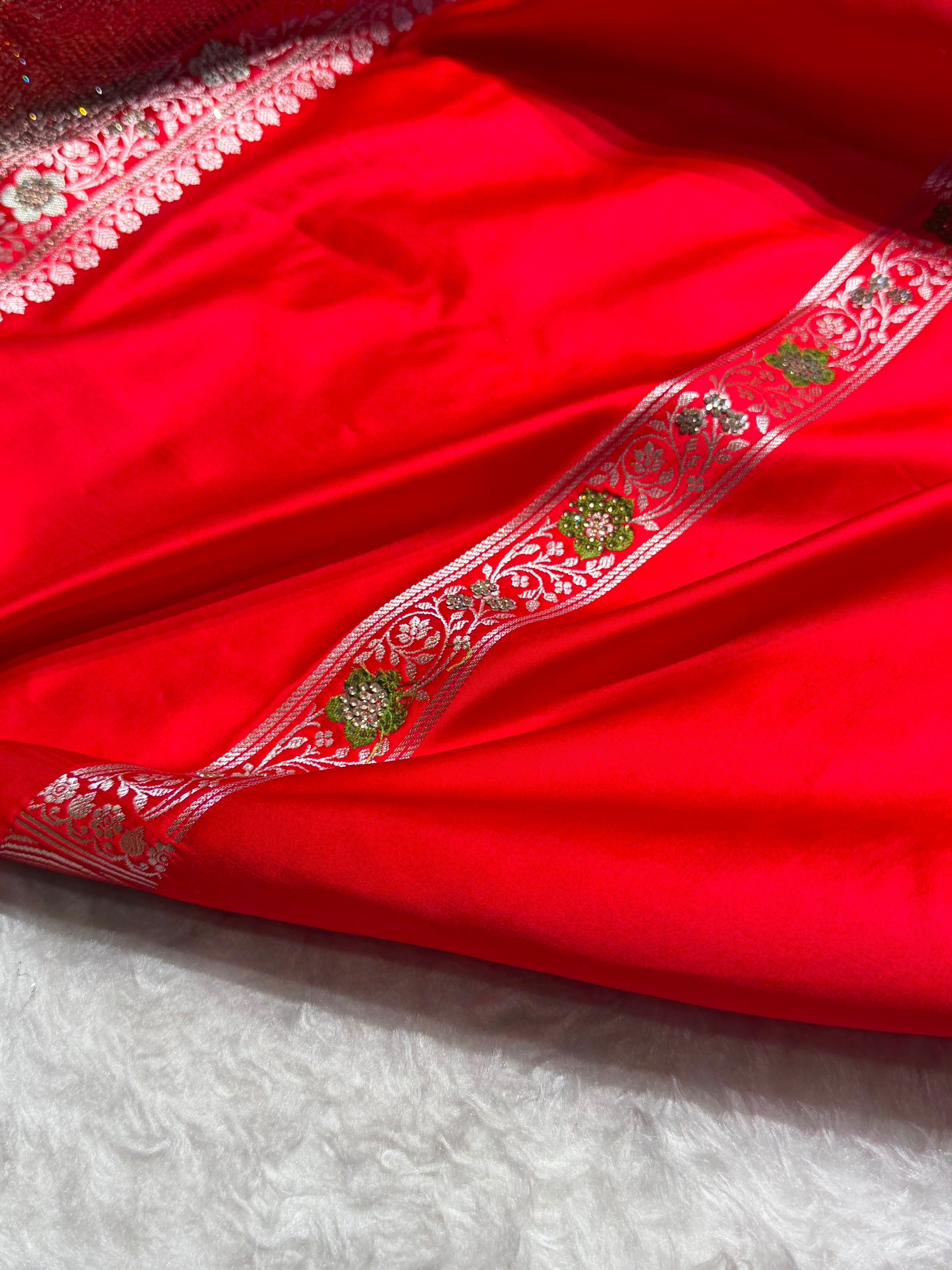 Premium Banarasi Satin Katan Saree Swarovski Work Minakari Booti Pattern in Red Shades BSK04