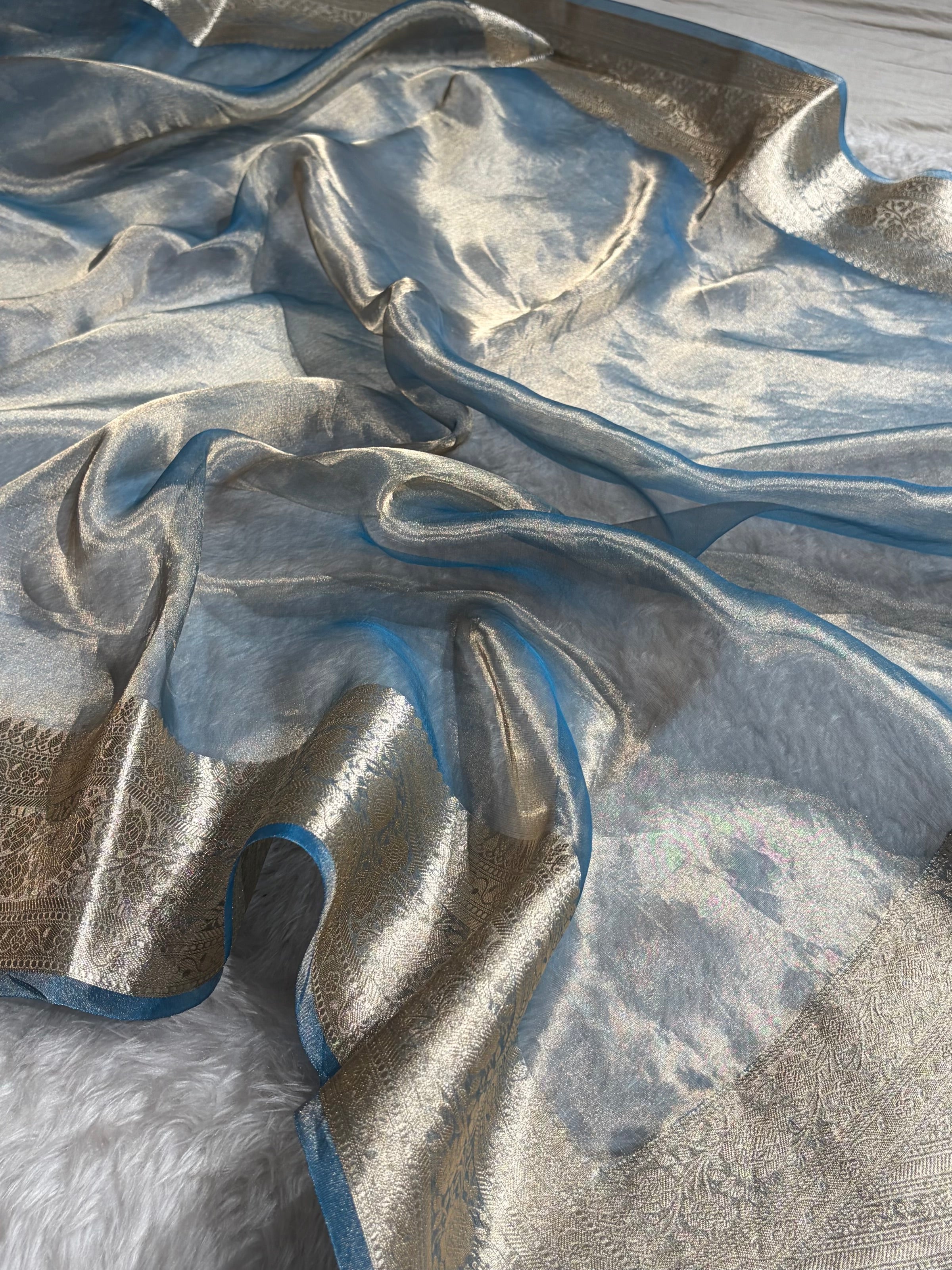 Pastel Blue Shades Pure Tissue Silk Saree with Brocade Blouse PT-08